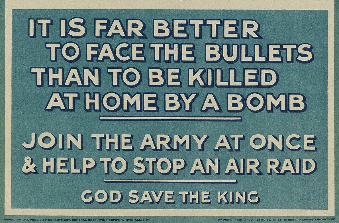 Début du 20ème siècle Affiche vintage de la Première Guerre mondiale britannique « Join the Army at Once & Help to Stop an Air Raid » (Suivez l'armée une fois et aidez à arrêter un raid aérien) en vente
