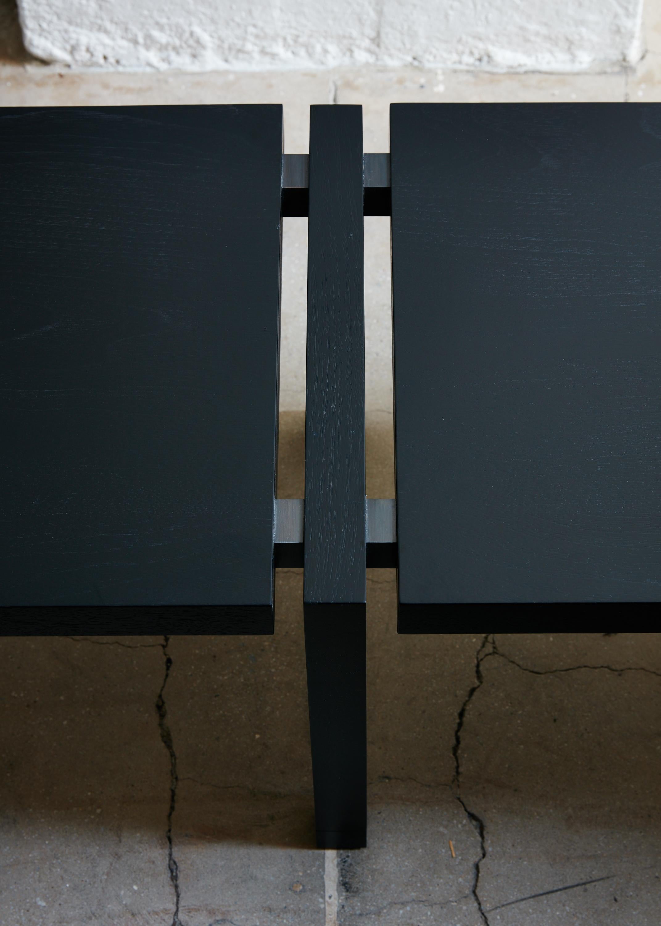 American Joinery Bench by Billy Cotton in Blackened Oak and Blackened Brass For Sale