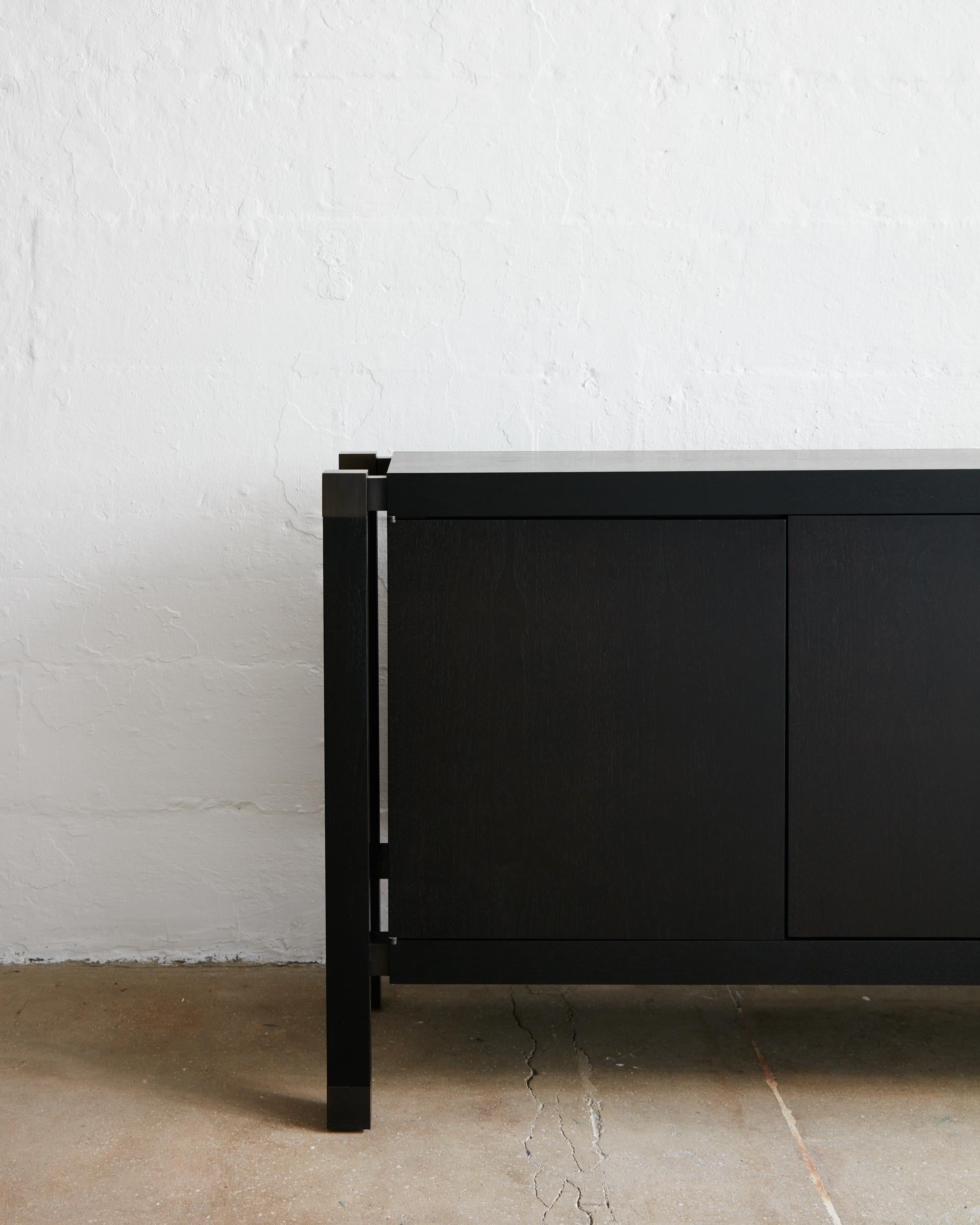 American Joinery Credenza by Billy Cotton in Blackened Oak and Blackened Brass For Sale