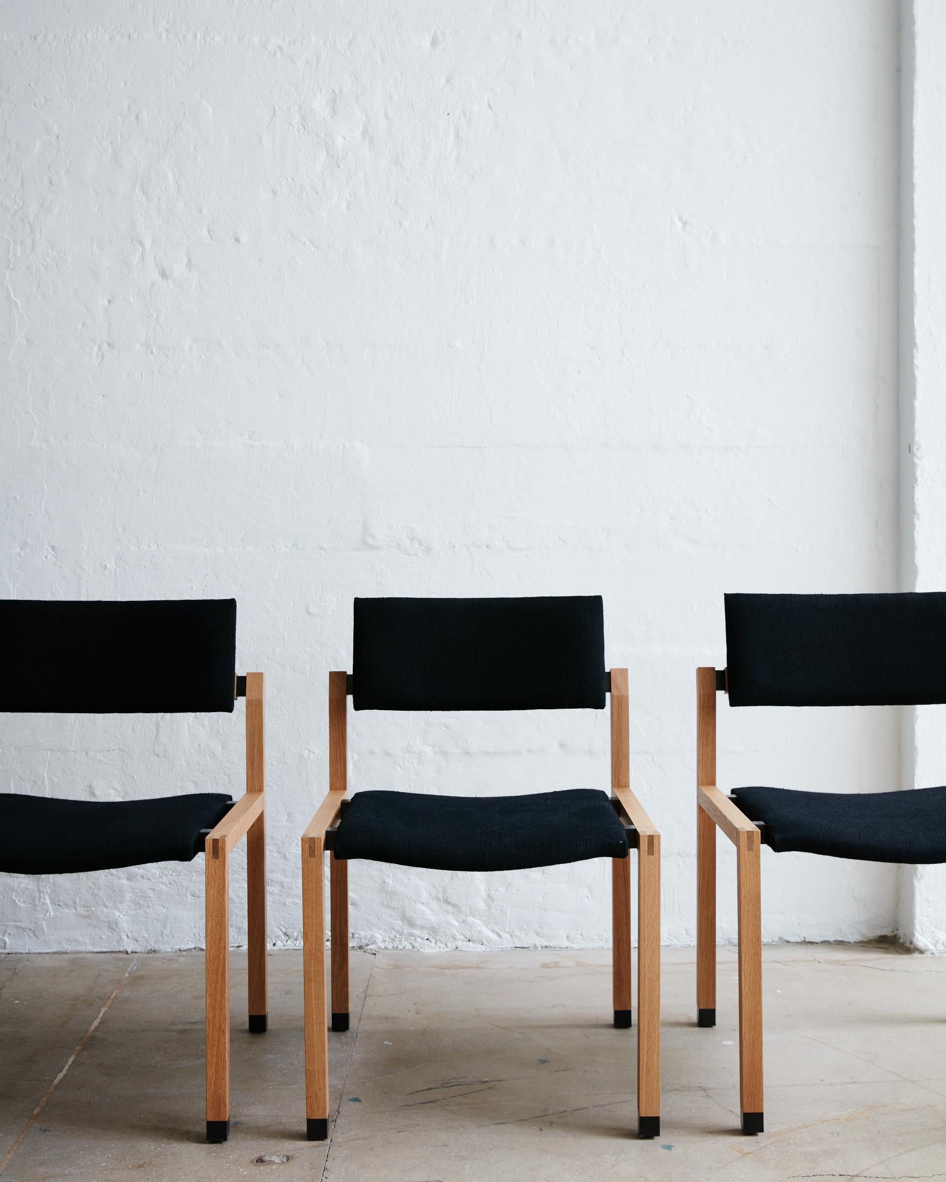 American Joinery Dining Chair by Billy Cotton in Oak, Blackened Brass and Black Linen For Sale