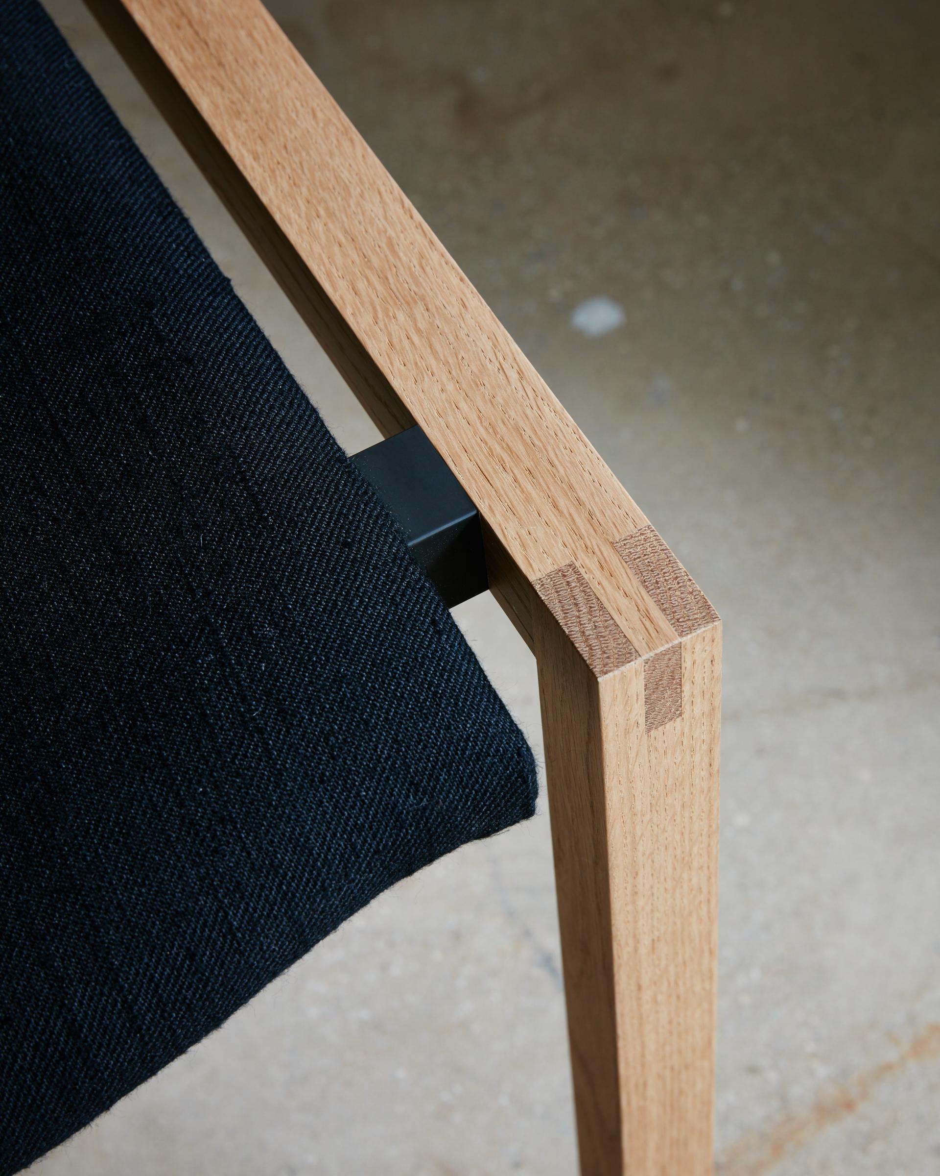 Joinery Dining Chair by Billy Cotton in Oak, Blackened Brass and Black Linen In New Condition For Sale In Brooklyn, NY