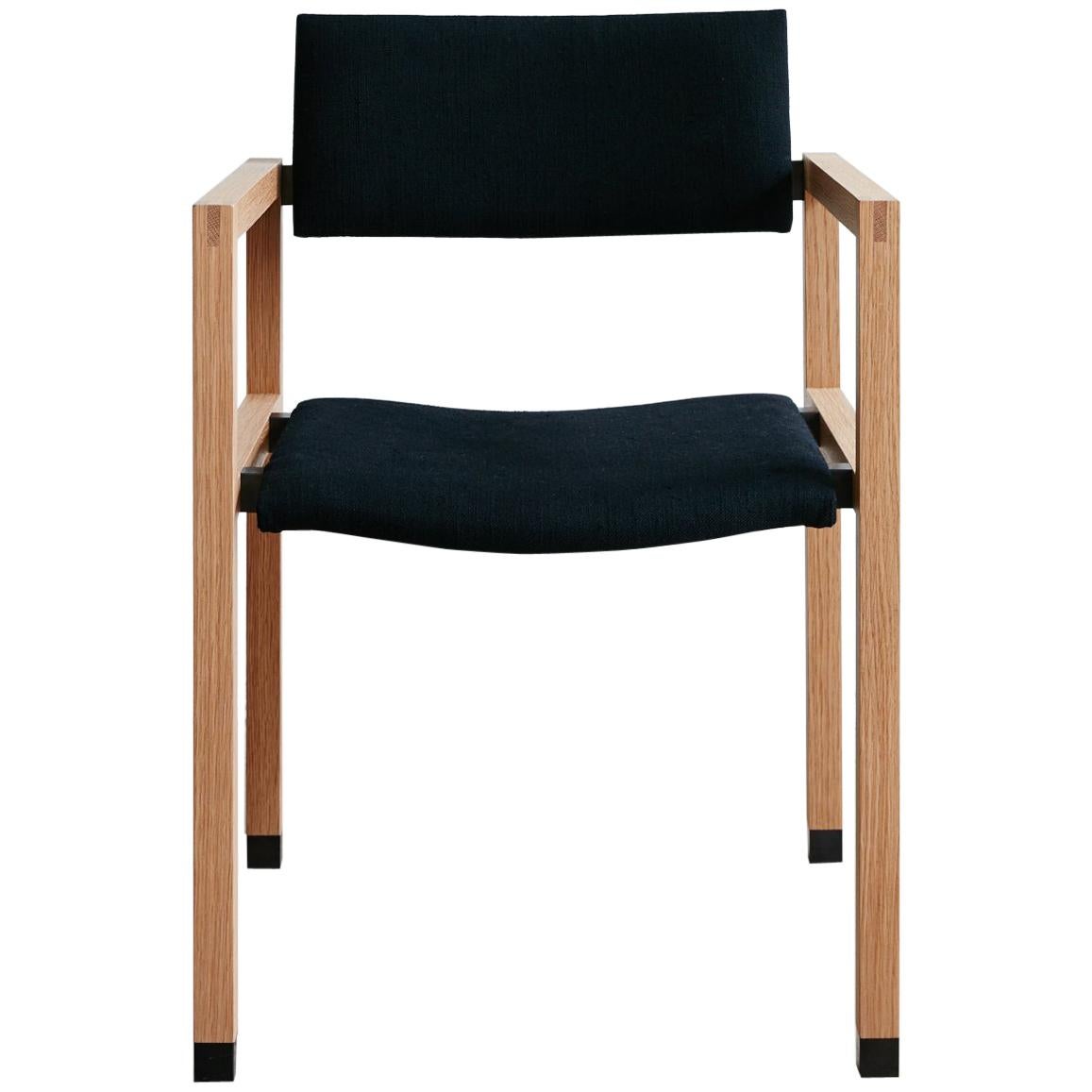 Joinery Dining Chair with Arms by Billy Cotton in Oak, Blackened Brass and Linen For Sale