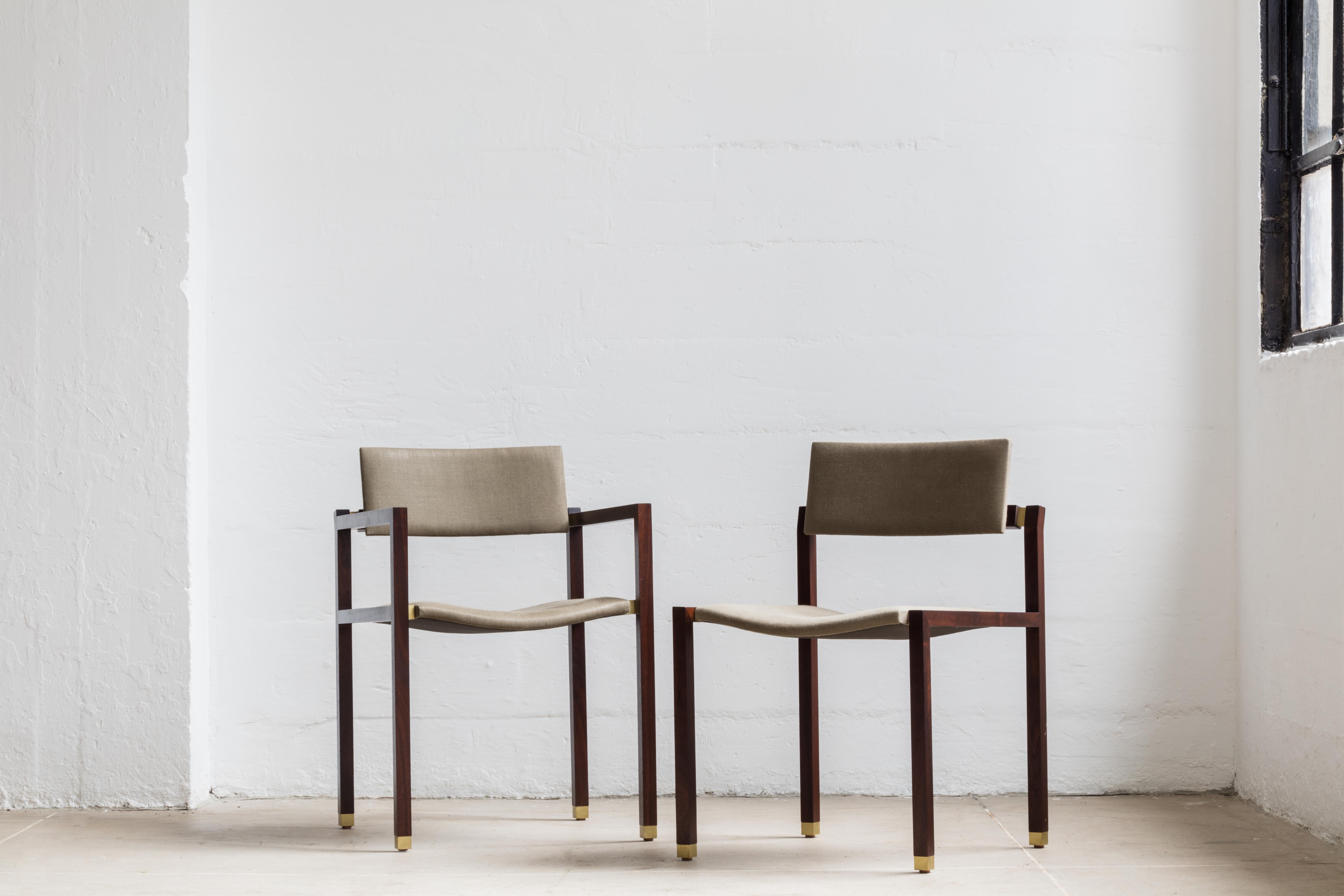 American Joinery Dining Chair with Arms by Billy Cotton in Walnut Brushed Brass and Linen For Sale
