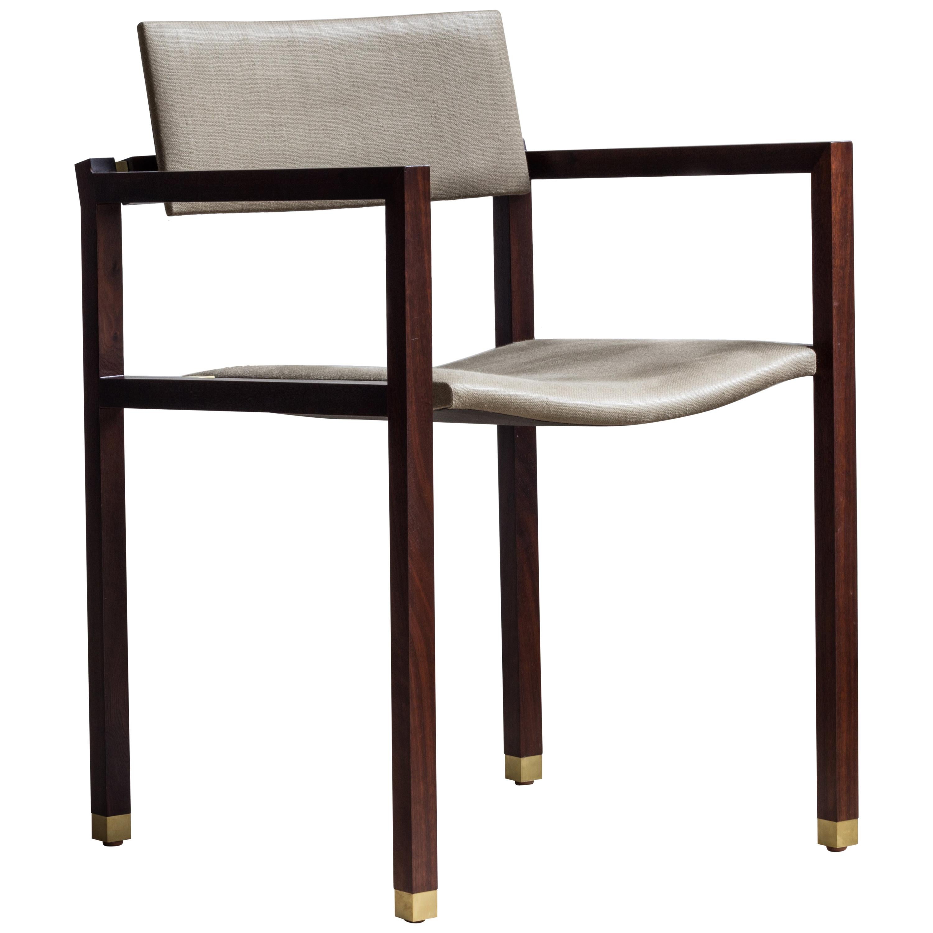 Joinery Dining Chair with Arms by Billy Cotton in Walnut Brushed Brass and Linen For Sale