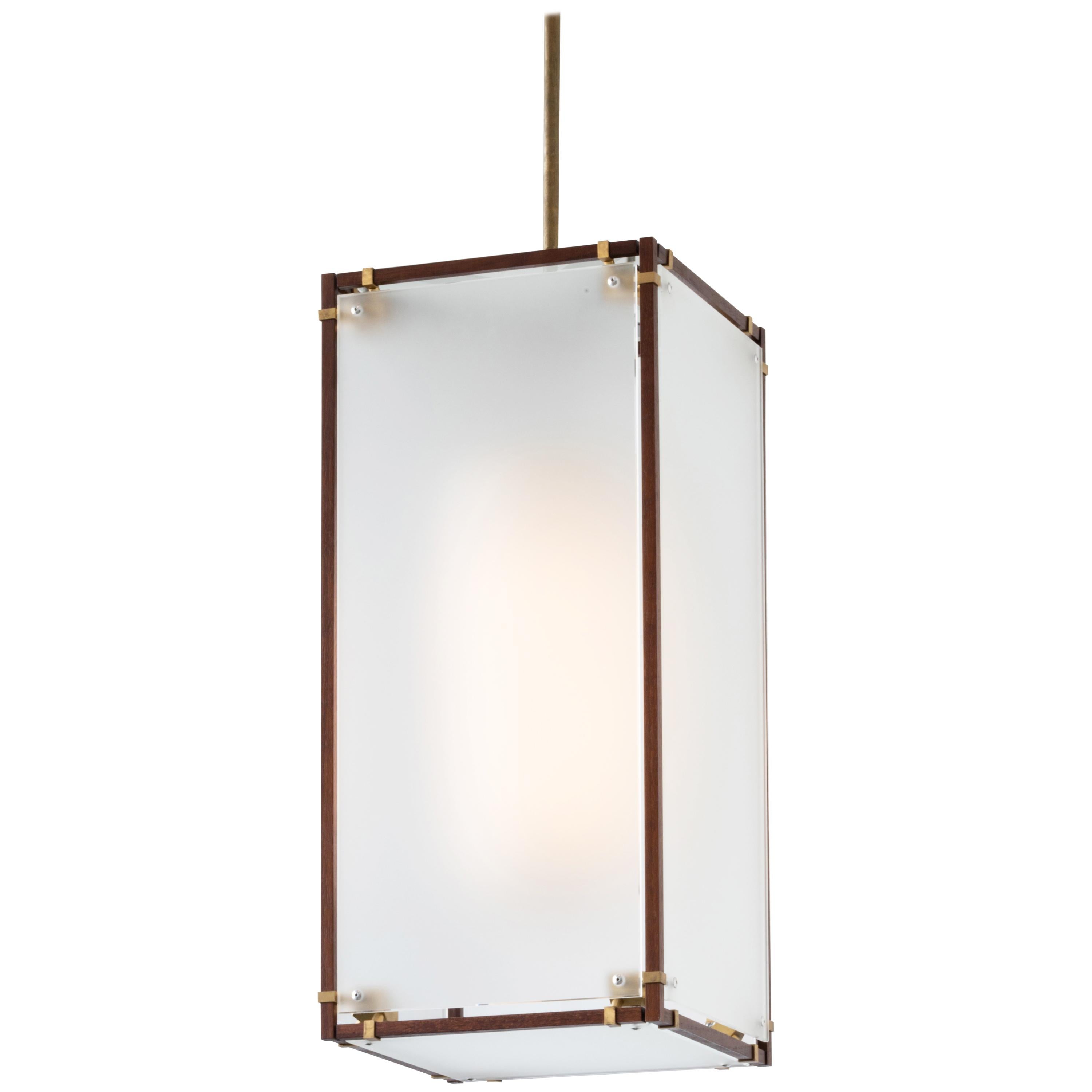 Joinery Lantern by Billy Cotton in Walnut, Brushed Brass and Acid-Etched  Glass For Sale at 1stDibs