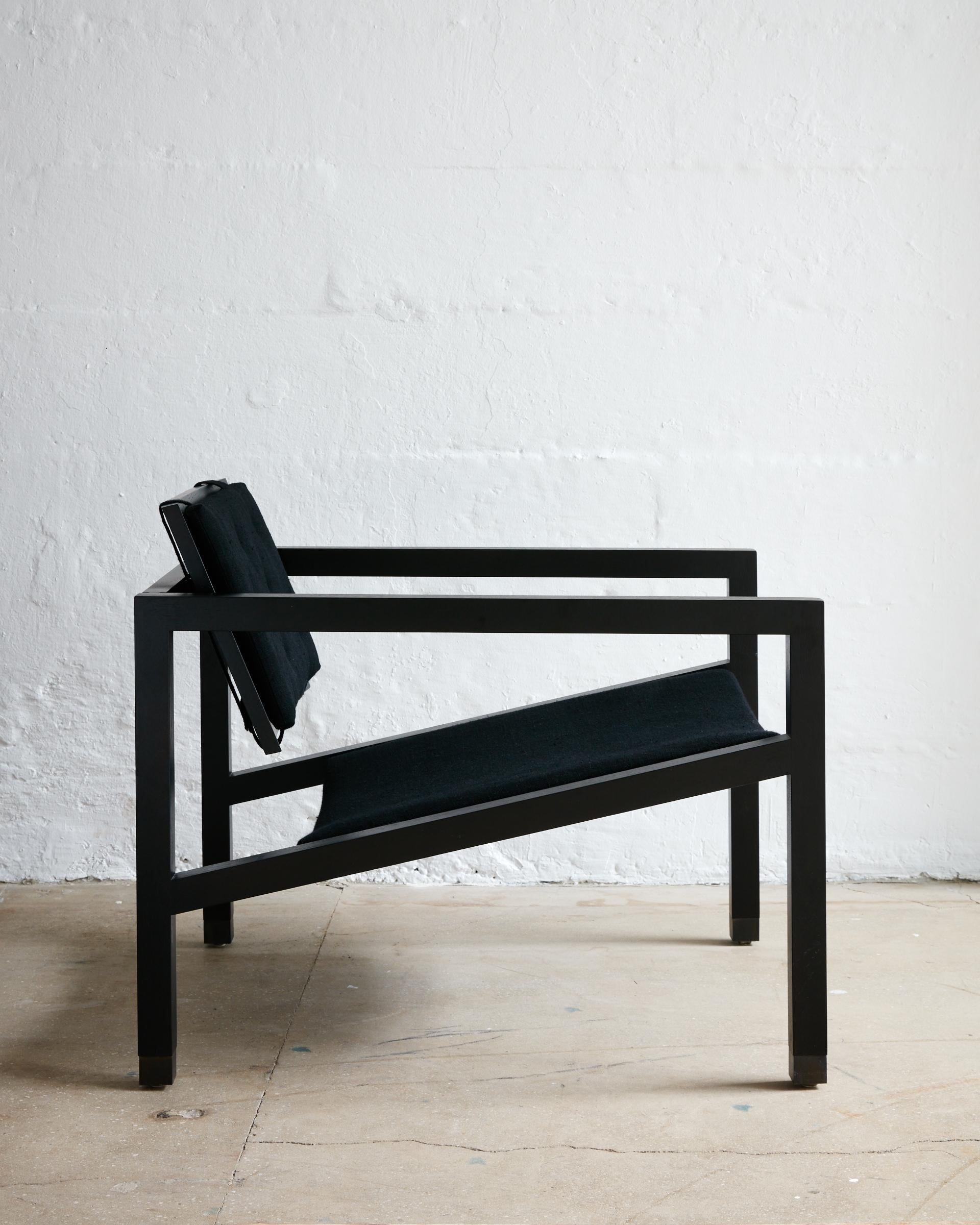 American Joinery Lounge Chair by Billy Cotton in Blackened Oak, Blackened Brass and Linen For Sale