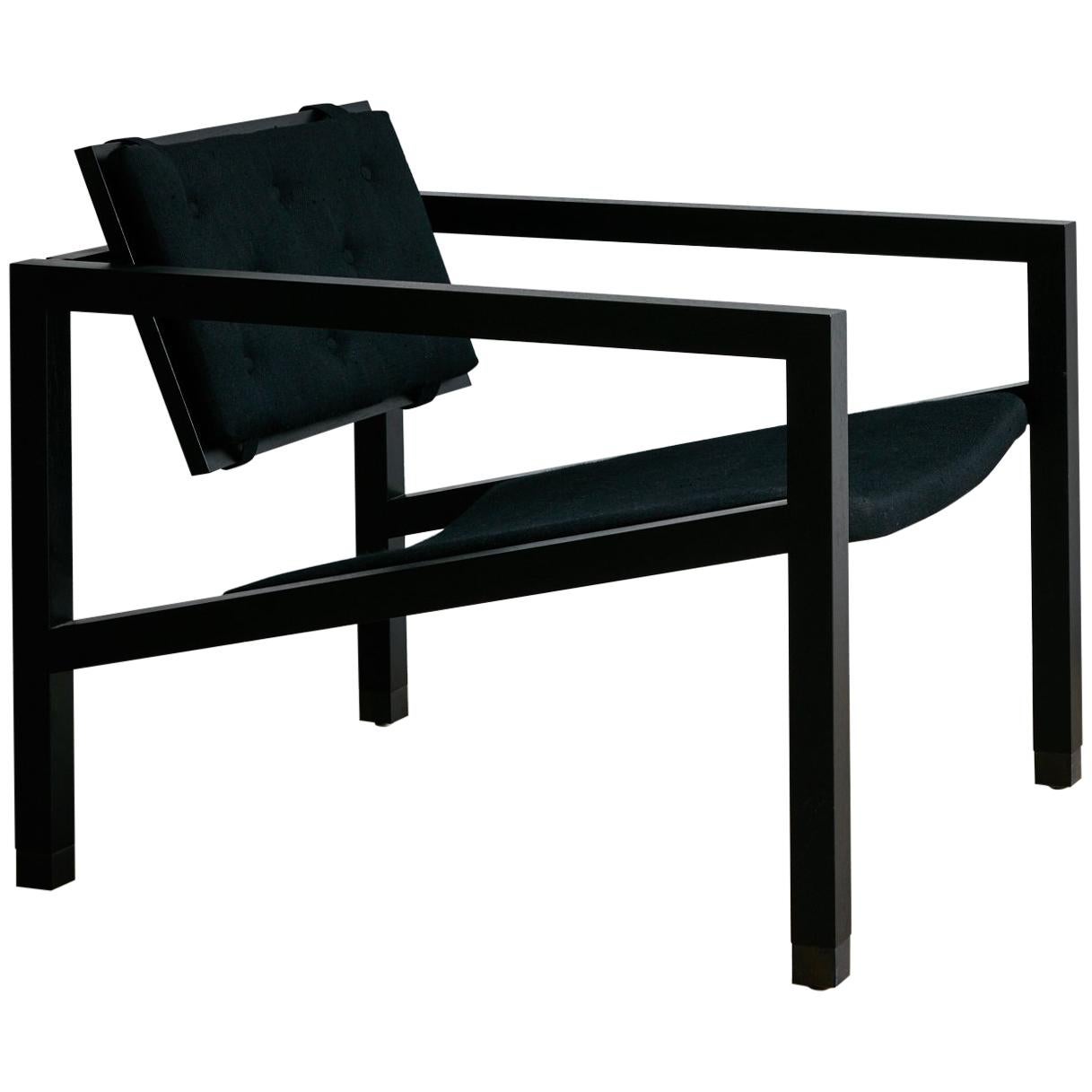 Joinery Lounge Chair by Billy Cotton in Blackened Oak, Blackened Brass and Linen For Sale