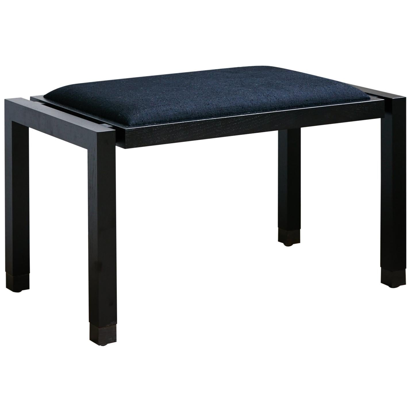 Joinery Ottoman by Billy Cotton in Blackened Oak Blackened Brass and Black Linen For Sale