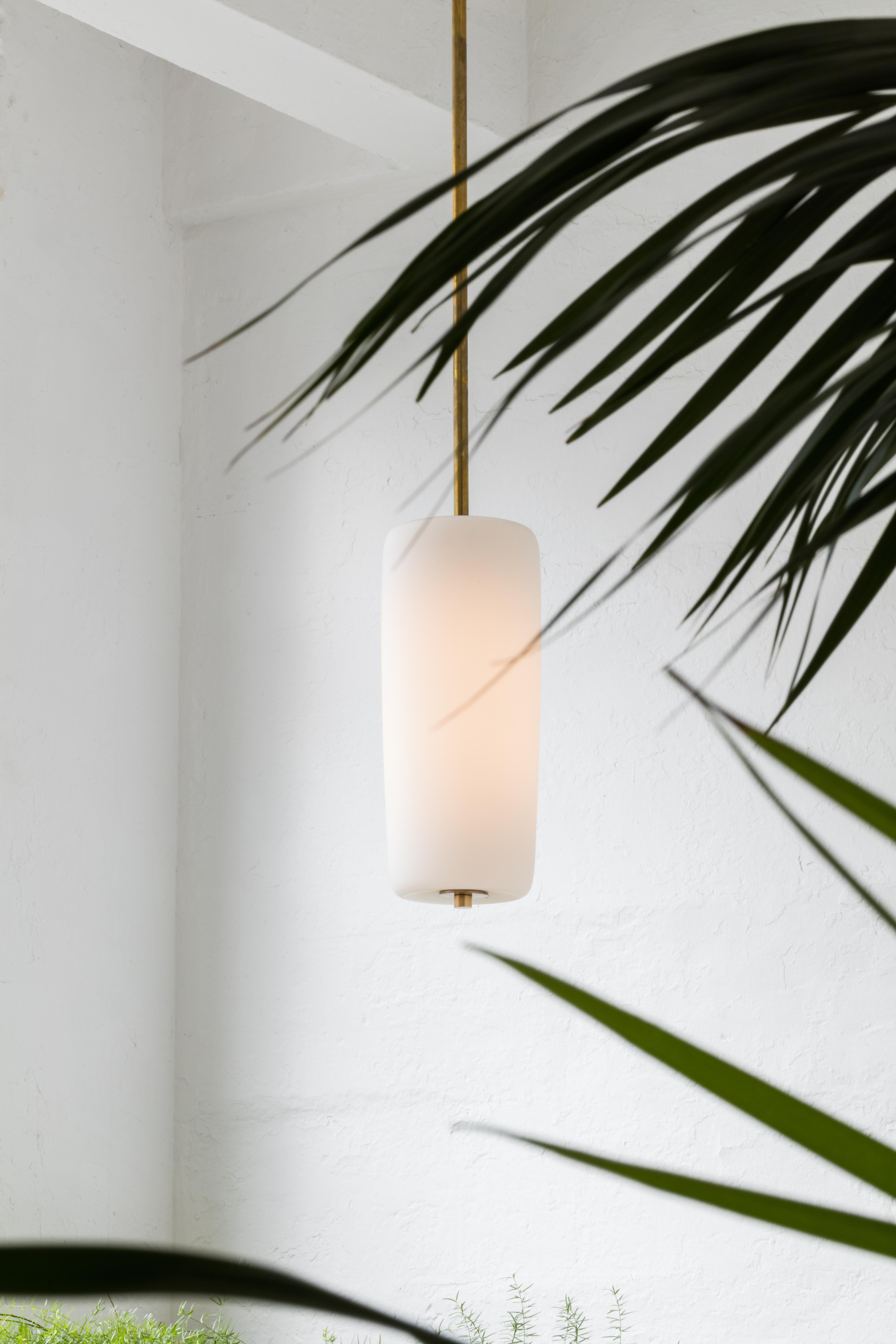 American Joinery Pendant 01 by Billy Cotton in Brushed Brass with Acid-Etched Glass For Sale