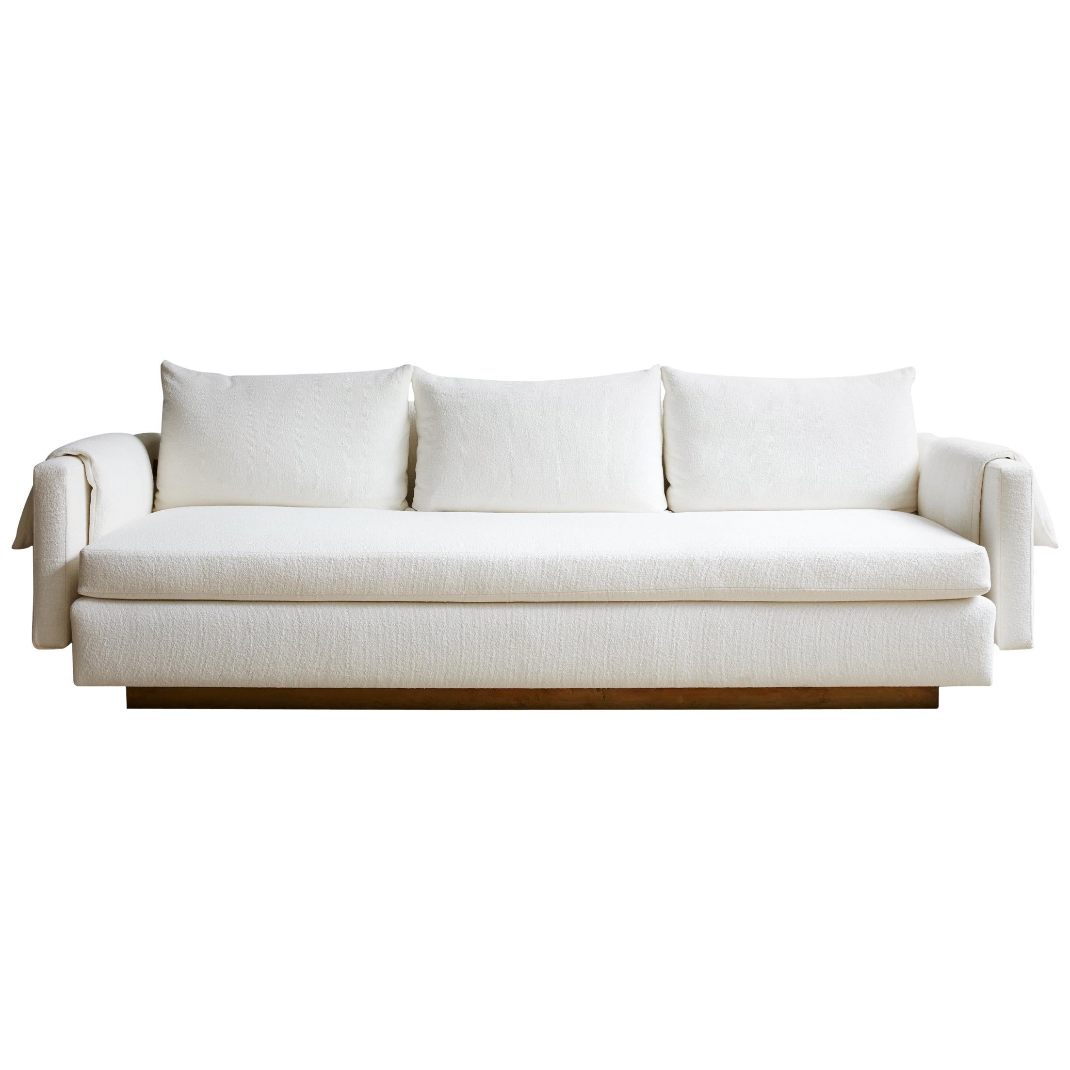 Joinery Sofa by Billy Cotton in Brushed Brass and White Linen For Sale