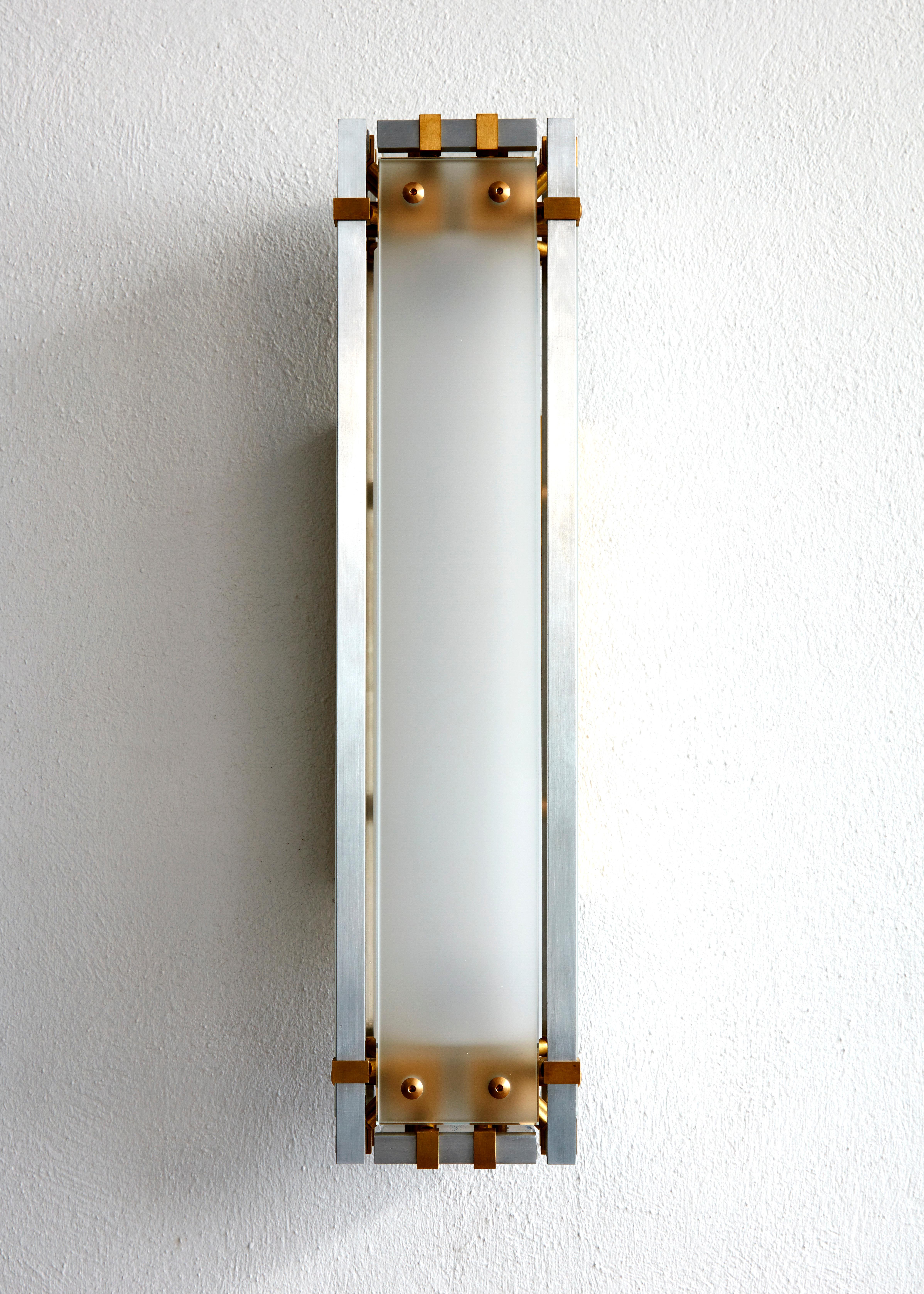 American Joinery Wall Sconce by Billy Cotton in Aluminum, Brass and Acid-Etched Glass For Sale