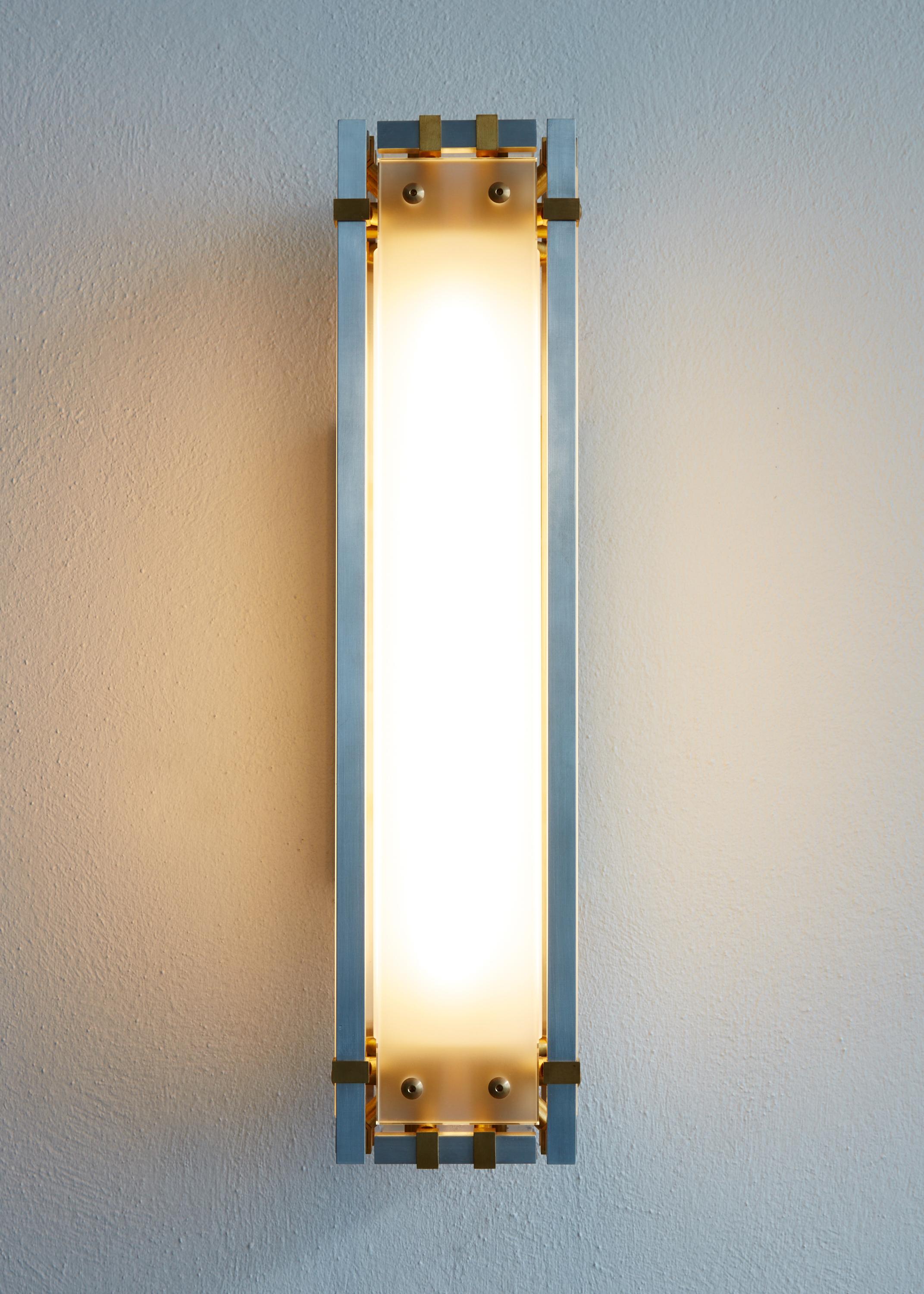 Joinery Wall Sconce by Billy Cotton in Aluminum, Brass and Acid-Etched Glass (Mattiert) im Angebot
