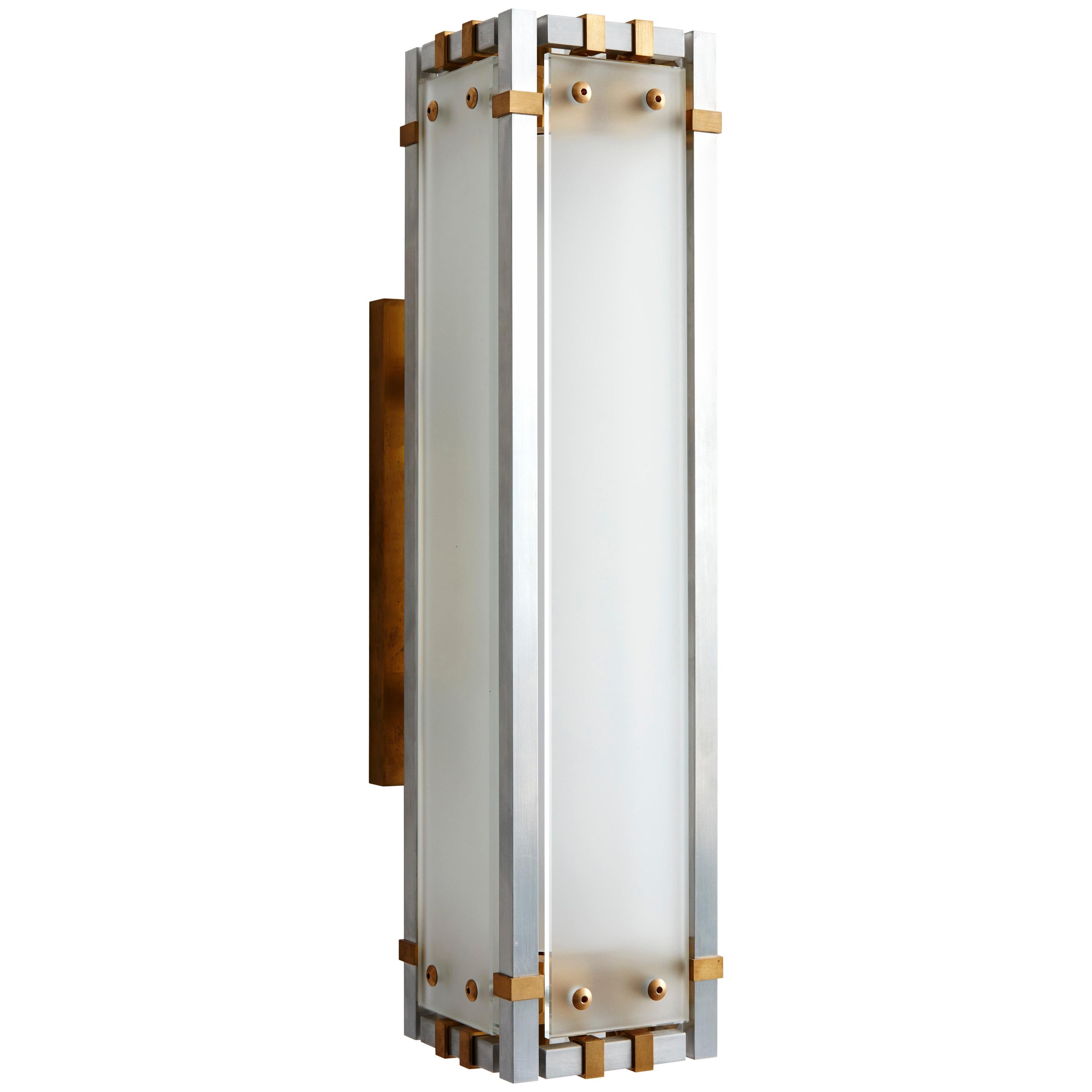 Joinery Wall Sconce by Billy Cotton in Aluminum, Brass and Acid-Etched Glass For Sale