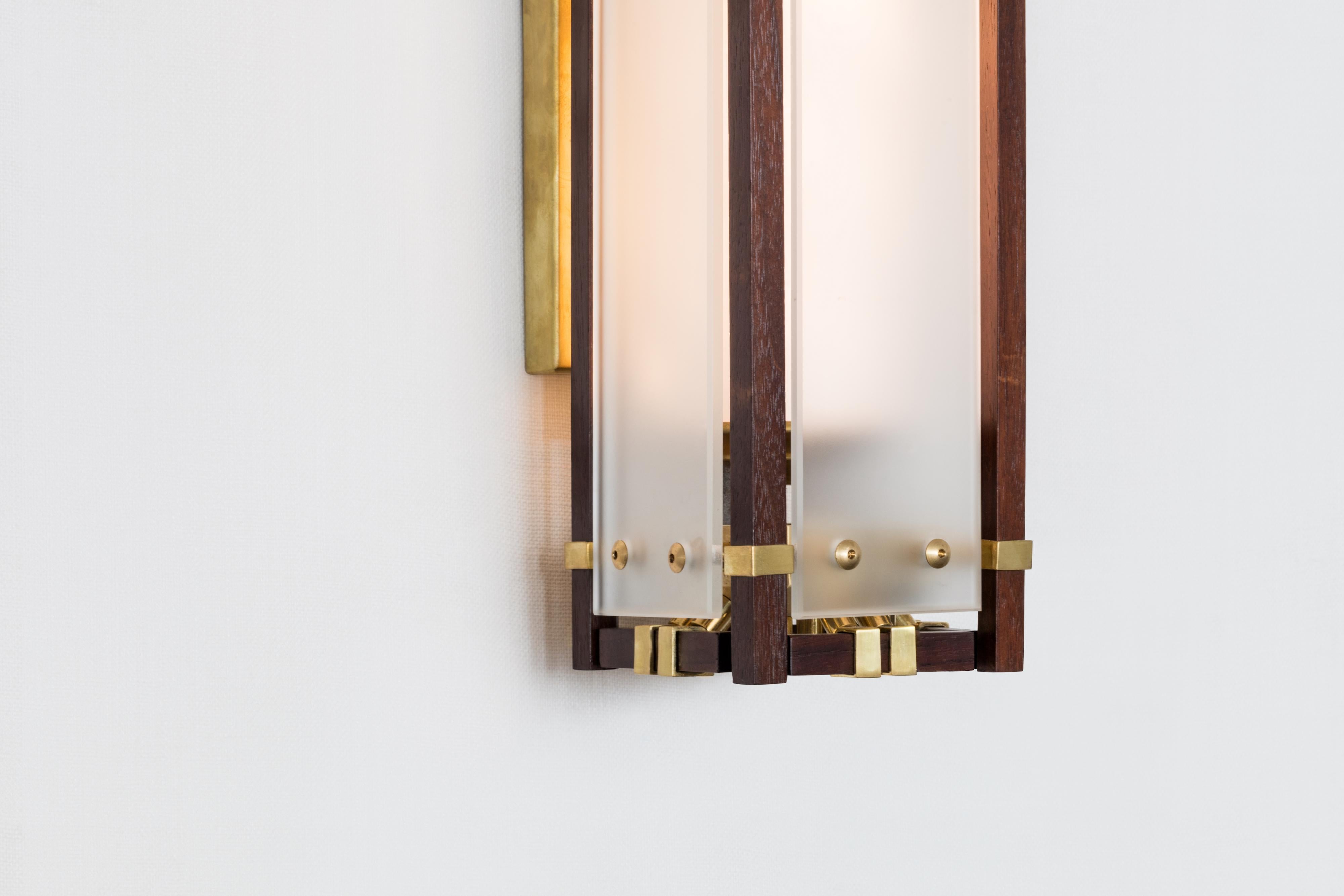 Measurements 4 W x 5 D x 18 H inches
Backplate: 4.35 W x 9 H inches.
Weight: 20 lbs

Materials
Metal: Brushed brass, blackened brass, bronze, brushed nickel
Frame: Blackened oak, bleached oak, walnut, white lacquer, aluminum
Glass: