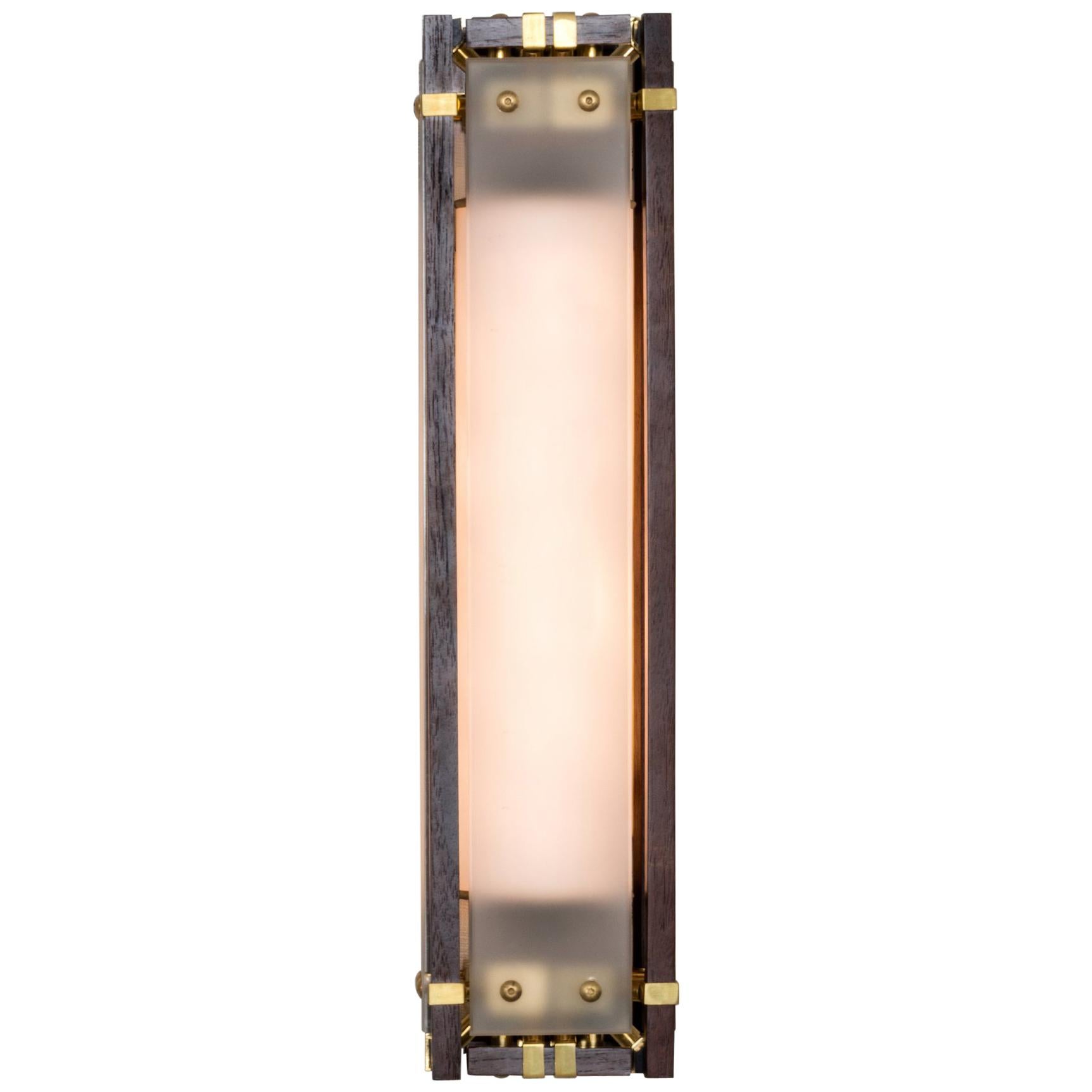 Joinery Wall Sconce by Billy Cotton in Walnut, Brass and Acid-Etched Glass For Sale