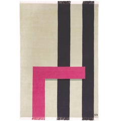 Rug - Modern Geometric Pale Olive Wool Fuchsia Pink & Black Line Wool Carpet