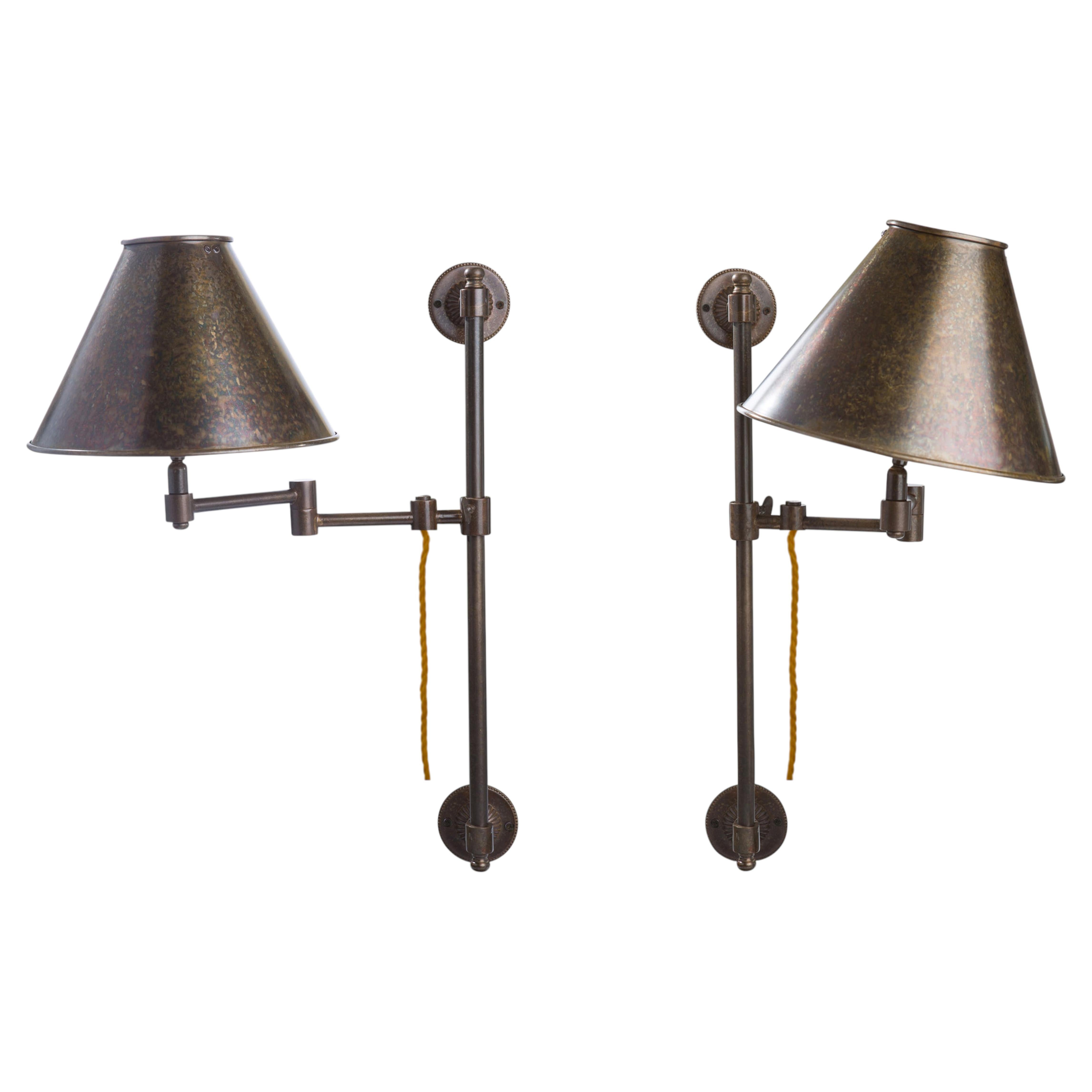 Jointed swing arm Library Light in Bronze with matching Brass Lampshade