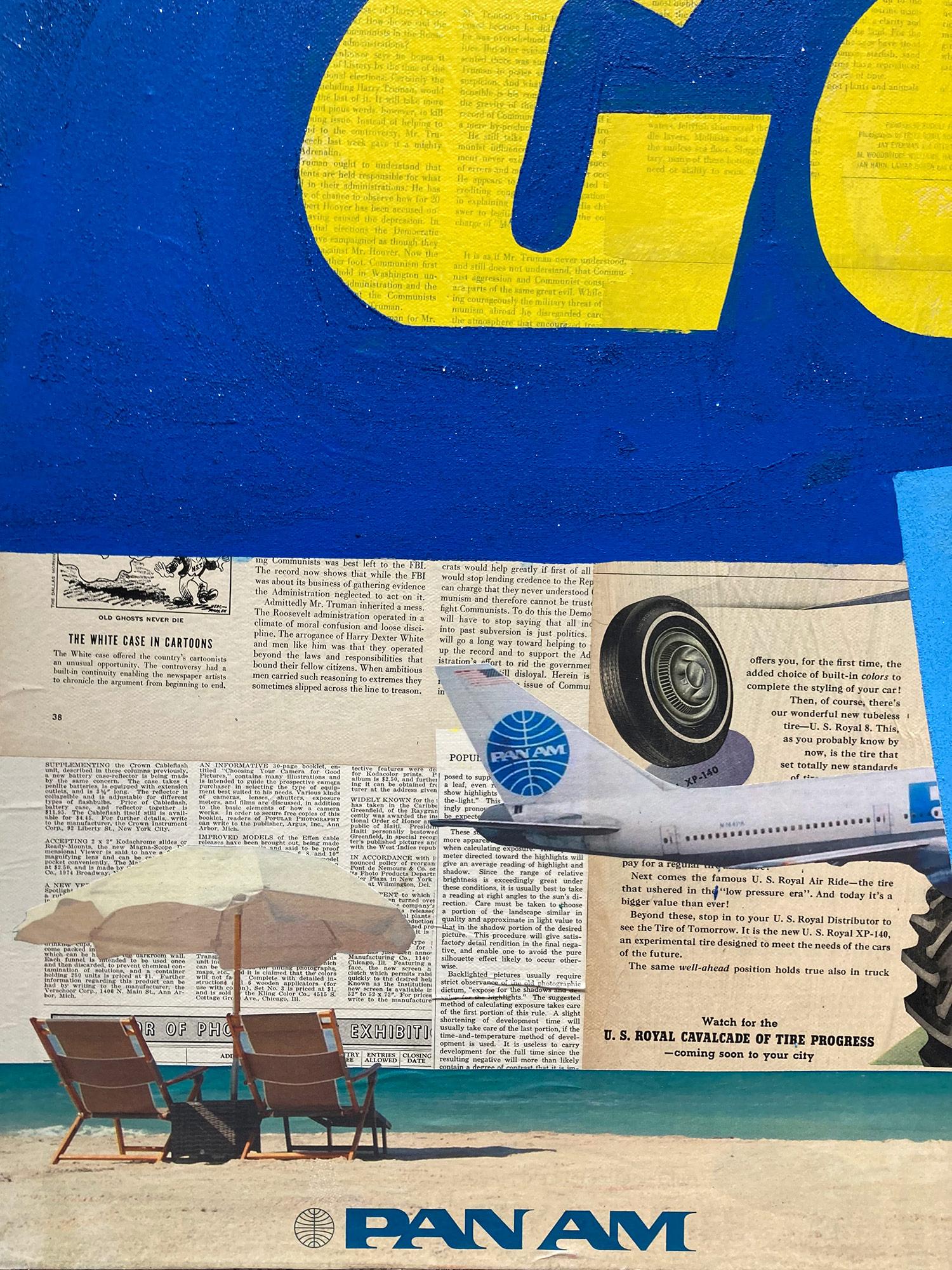 Esta pieza representa Logos icónicos con recortes de periódicos de mediados de siglo. Encontramos Rolex abajo a la derecha, con otras imágenes americanas por todas partes. Celebrando los iconos de la Época Dorada con colores expresivos y atrevidos
