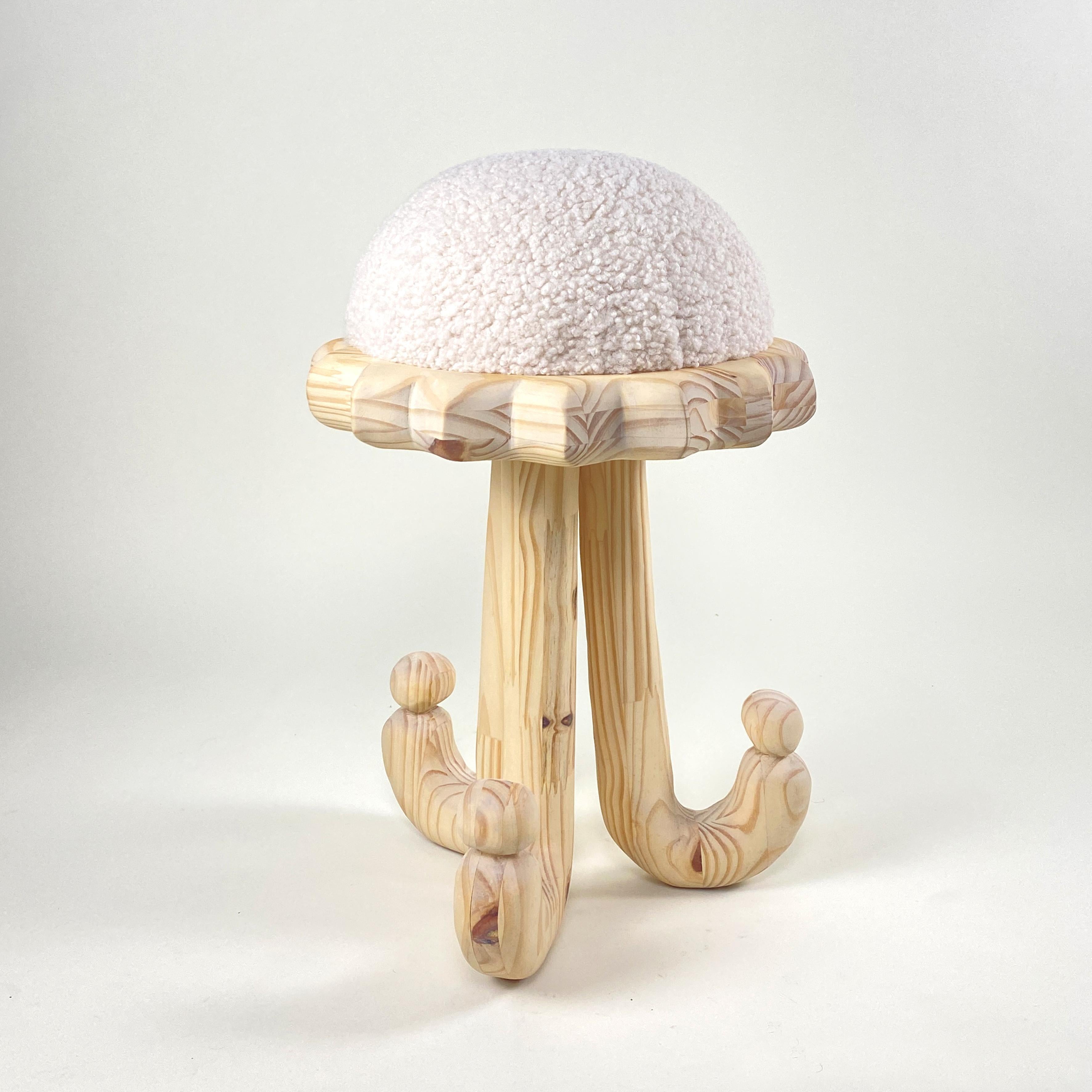 French JoJoJo hand carved by hand wood stool, edition by artist Alix Coco For Sale