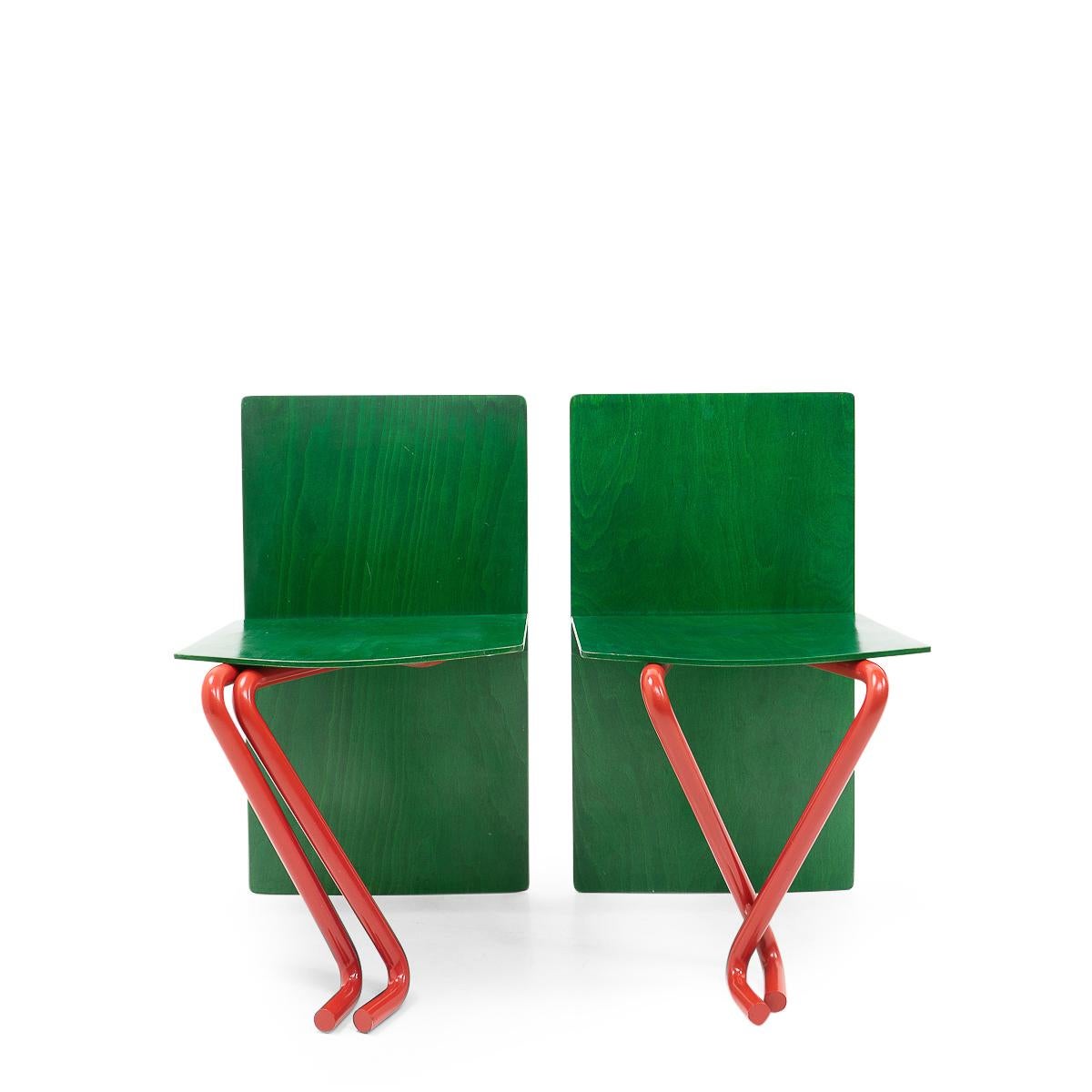 Walter Gerth designed these chairs (in total there are six different designs), during the 1980s for the Swiss furniture producer Strässle. 

The chairs represent different human seating manners; in our set of two we have a male and a female chair,