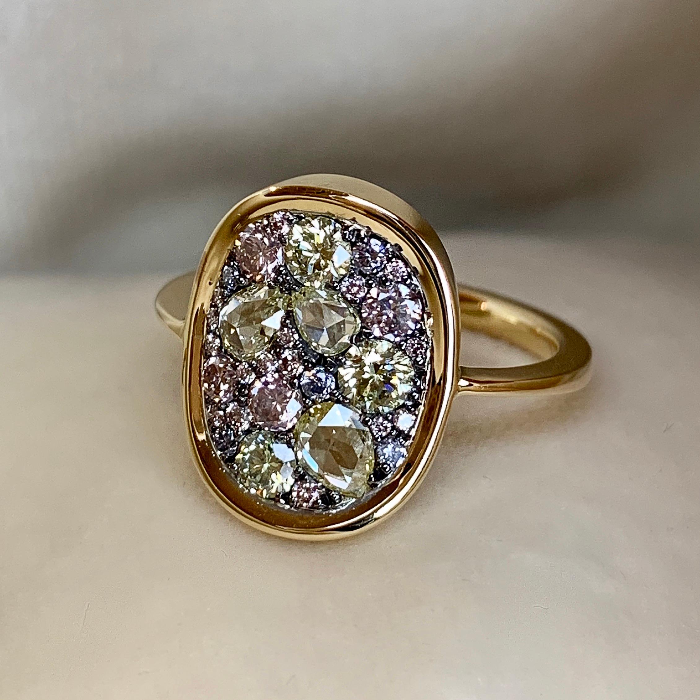 Rose Cut Joke Quick 1, 16 Carat Pink, Blue & Yellow Brilliant & Rose-cut Diamond Pave Ring