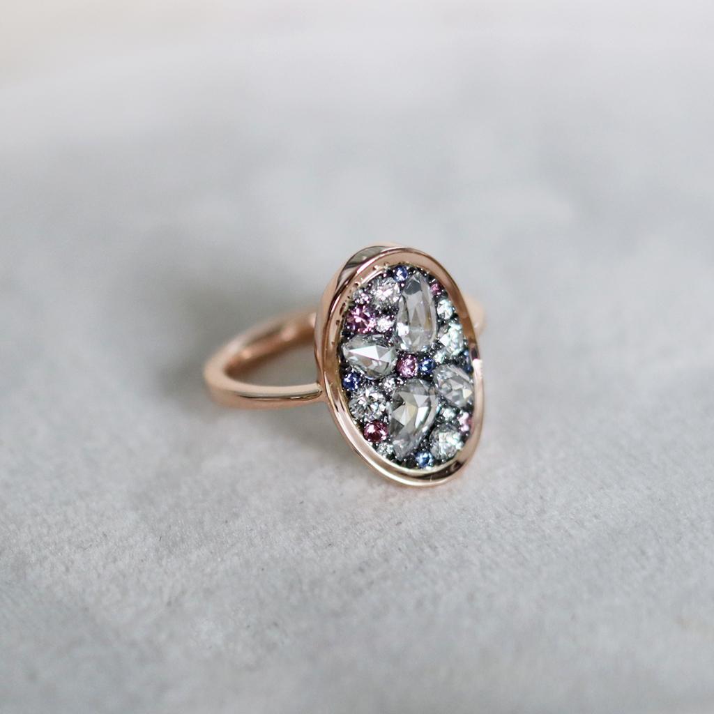 Art Nouveau Joke Quick 1.17 Ct. White Diamond Pink Spinel Unheated Sapphire Mosaic Set Ring
