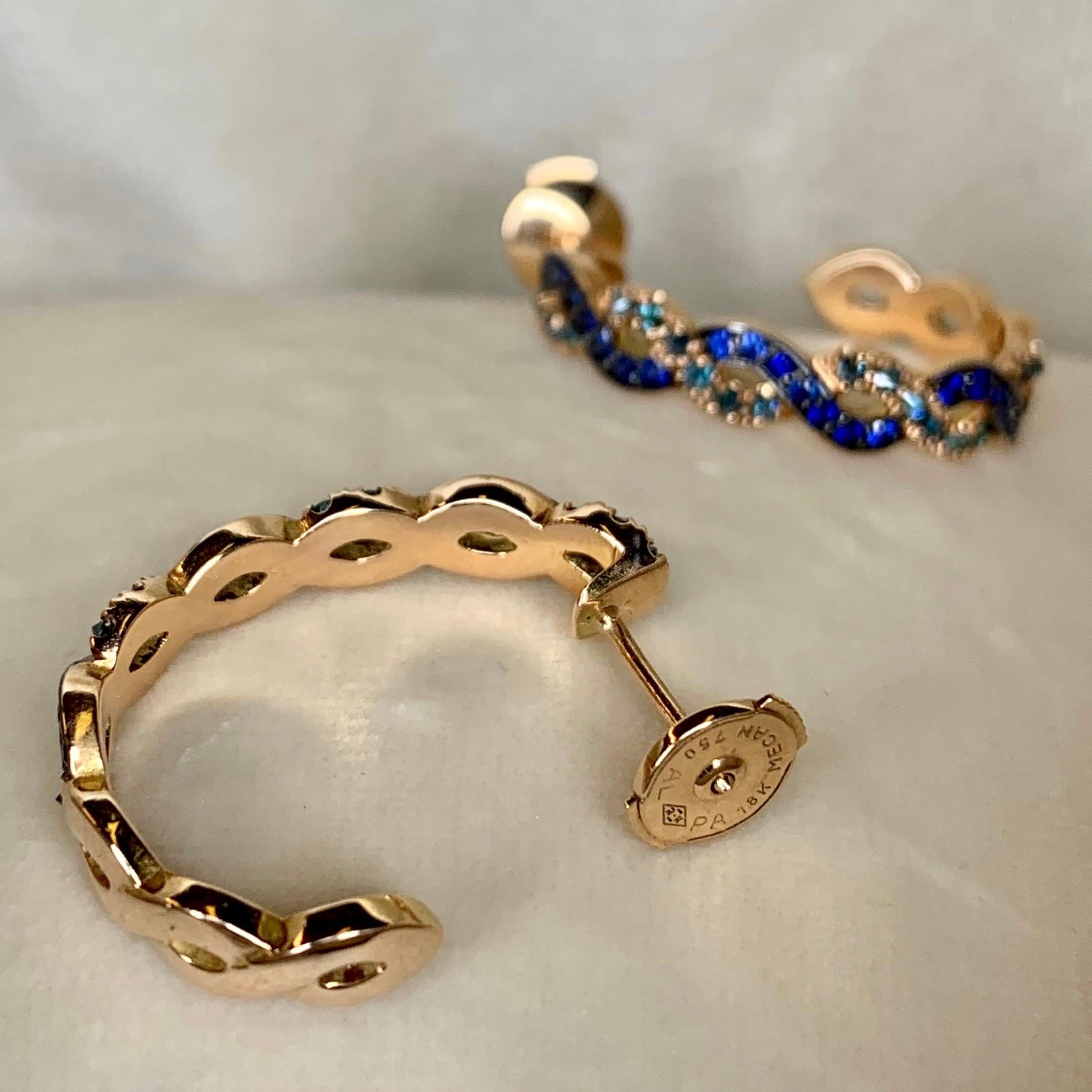 Contemporary Joke Quick 18K Rose Gold Sapphire & Upside Down Blue Diamond Pave hoop Earrings
