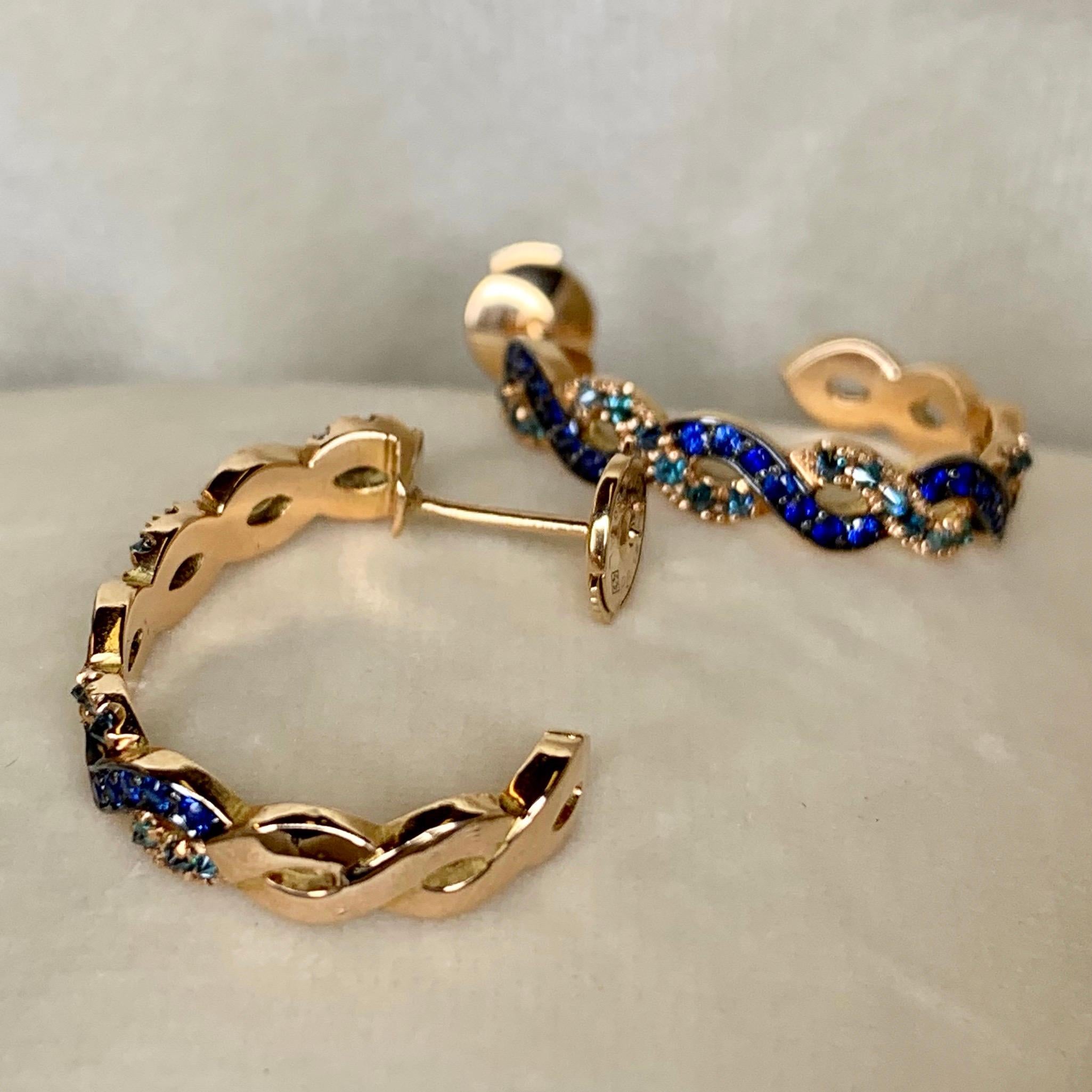 Round Cut Joke Quick 18K Rose Gold Sapphire & Upside Down Blue Diamond Pave hoop Earrings