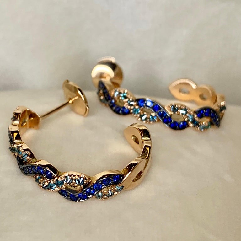 Joke Quick 18K Rose Gold Sapphire and Upside Down Blue Diamond Pave hoop Earrings at 1stDibs