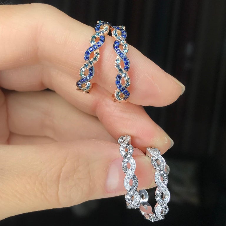 Joke Quick 18K Rose Gold Sapphire and Upside Down Blue Diamond Pave hoop Earrings at 1stDibs