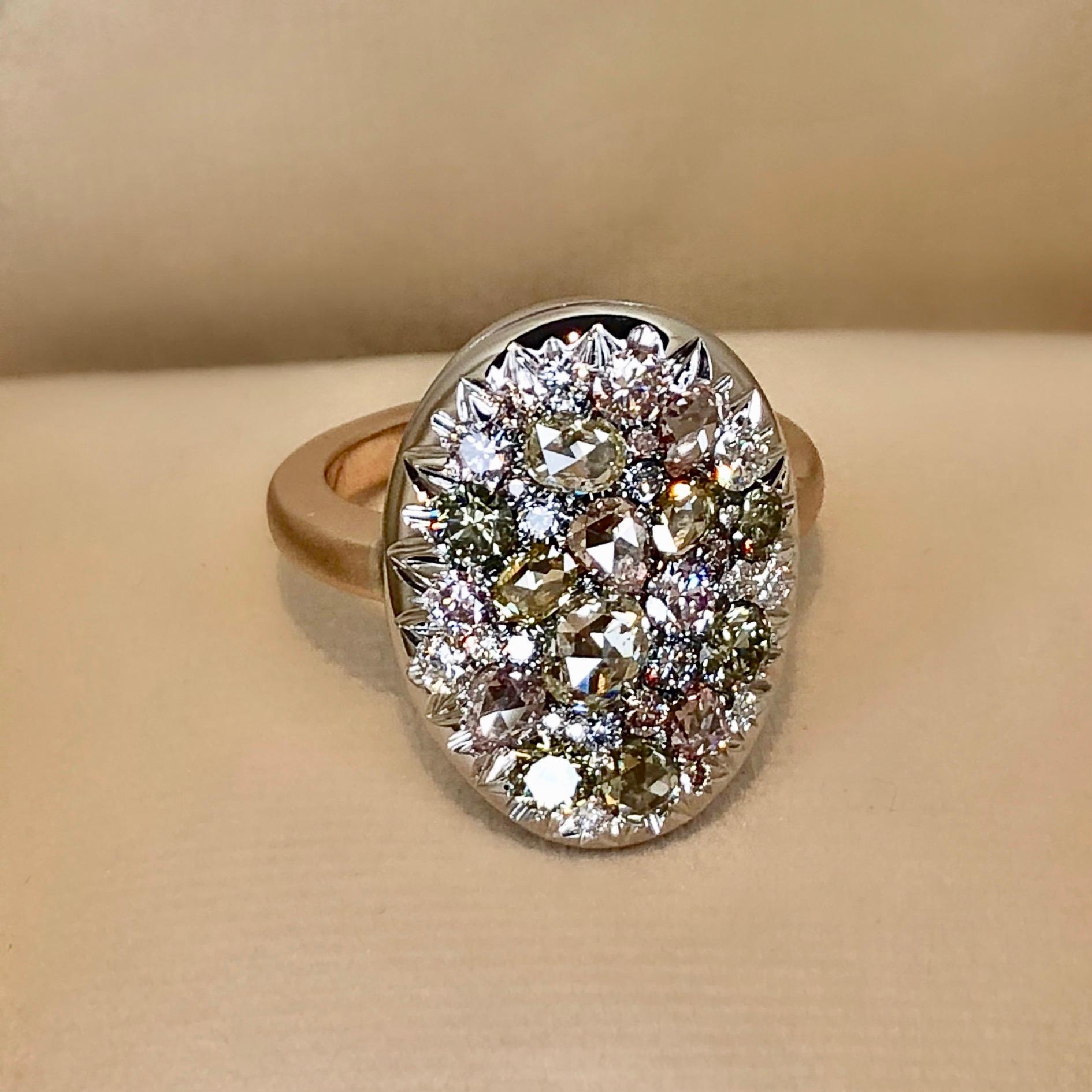 Joke Quick 18K Rose & White Gold 2, 445 Carat Fancy Diamond Pave Cocktail ring In New Condition In Antwerp, BE