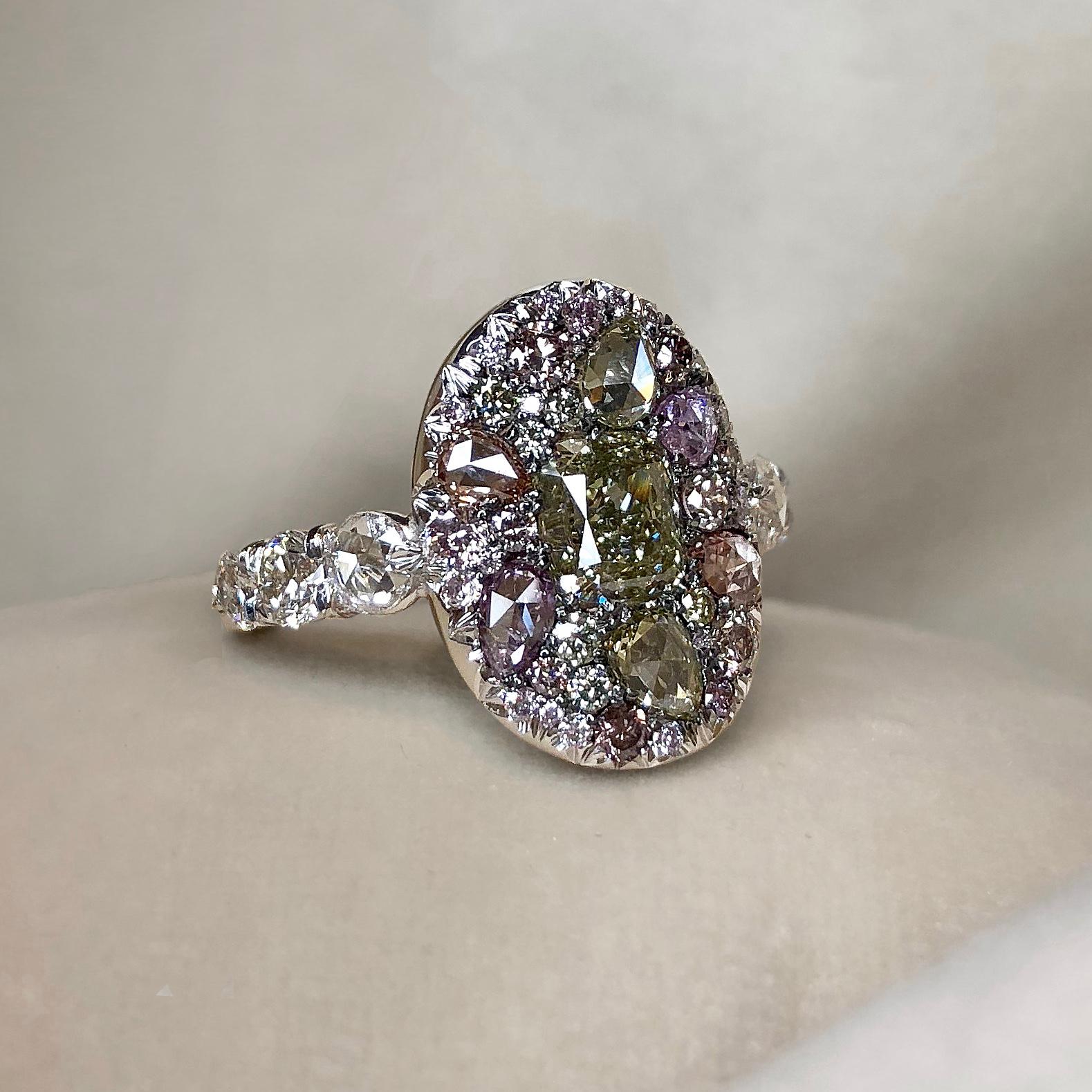 Joke Quick 18K White Gold 3, 43 Ct. Fancy Pink & Green Diamond Pave Cocktail Ring 1