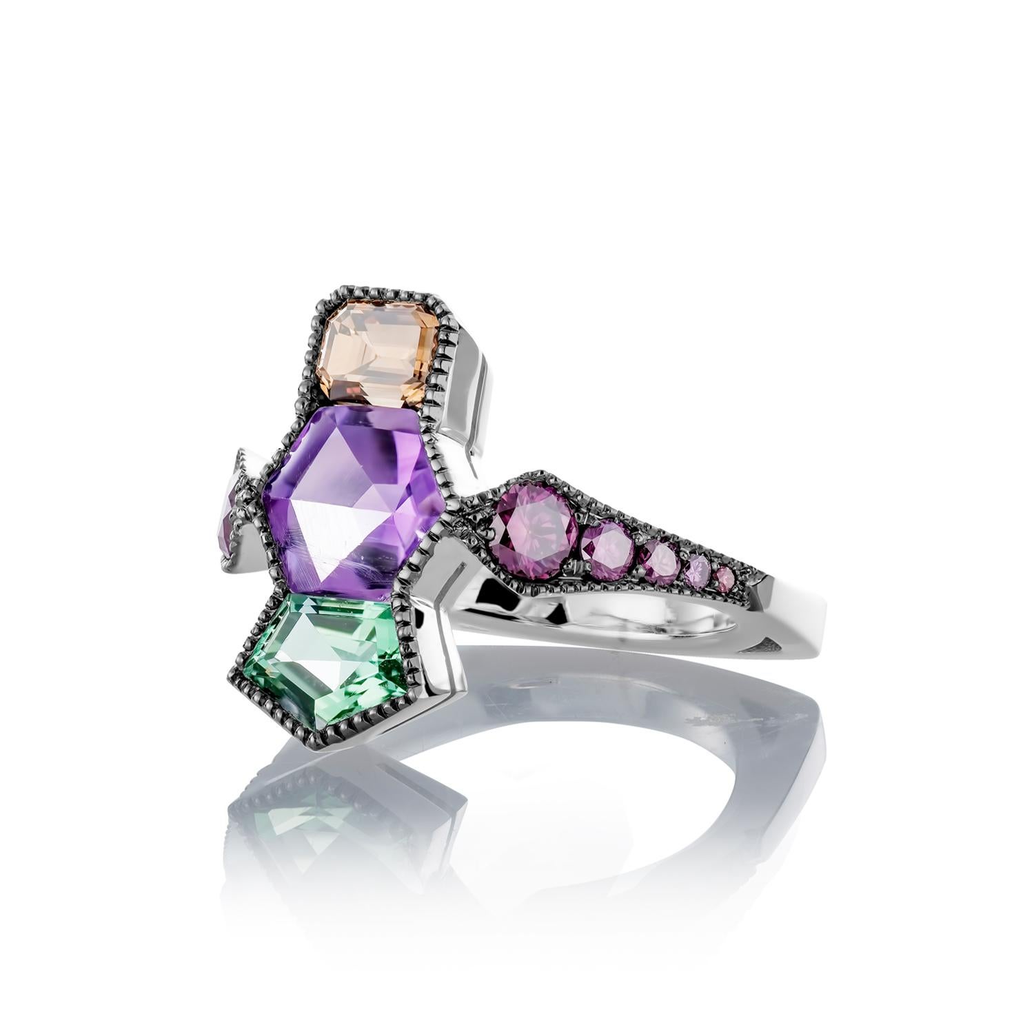 One of a kind Millegrain Ring in 18K White gold 6,1 g.  set with a Cognac diamond 0,54 ct., pentagon cut Tourmaline, a hexagon cut Amethyst and natural coloured purple diamonds 0,61ct.. Natural colored pruple diamonds are colour treated, the colour