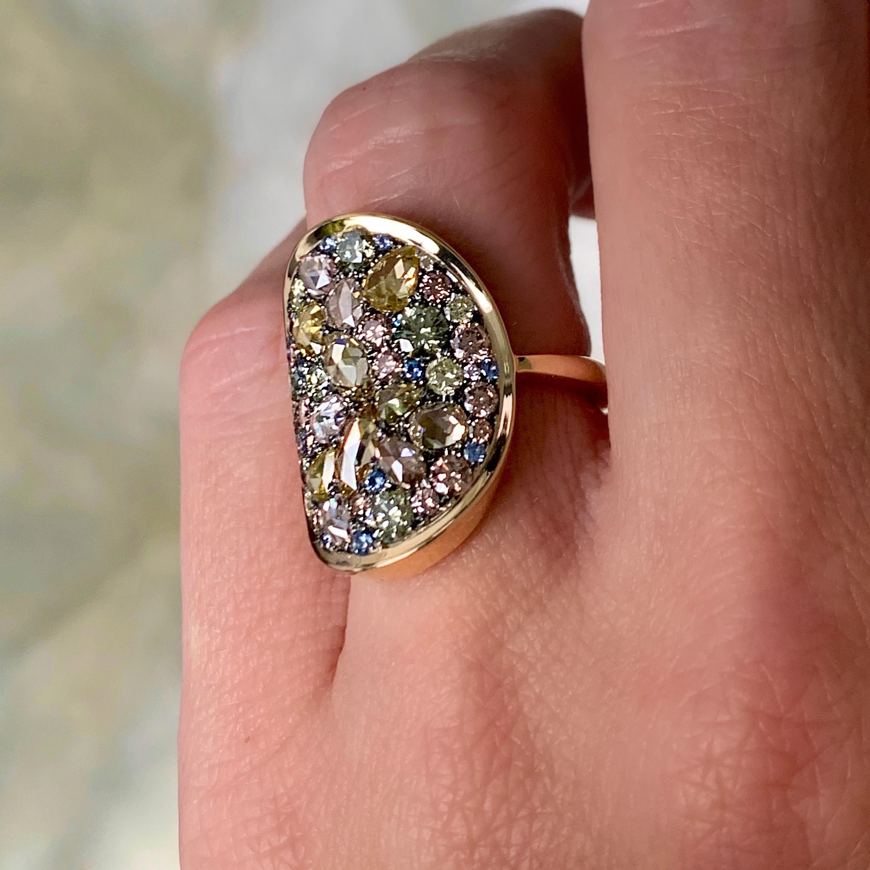 Joke Quick 3.14 Carat Fancy Pink, Green, Yellow Diamond Pave Cocktail Ring 2