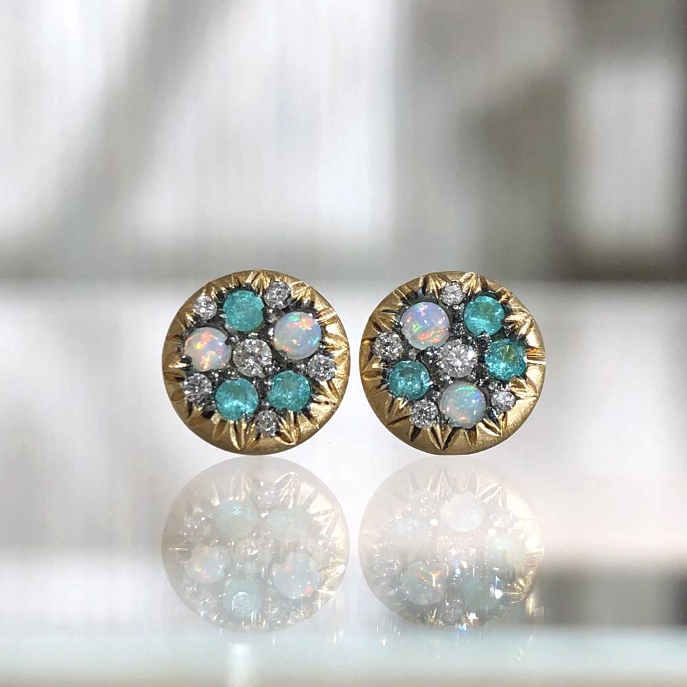 One of a Kind Starstruck Stud Earrings handmade in Belgium by jewelry artist Joke Quick in 18k yellow gold featuring Australian opal cabochons totaling 0.10 carats, 0.09 total carats of genuine Brazilian Paraiba tourmaline and 0.07 total carats of