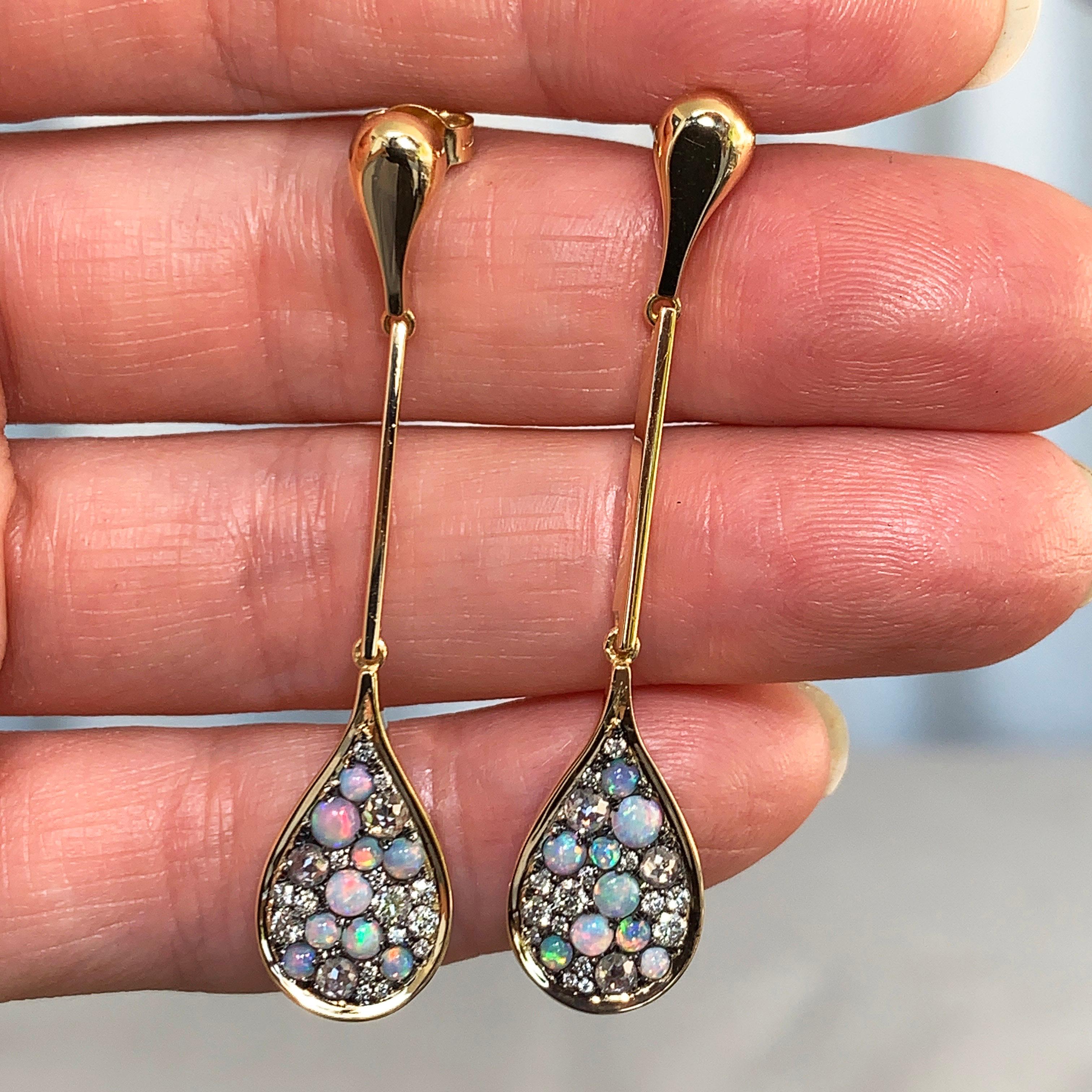Contemporary Joke Quick Australian Opal, Rose-Cut Diamond and White Diamond Pave Earrings
