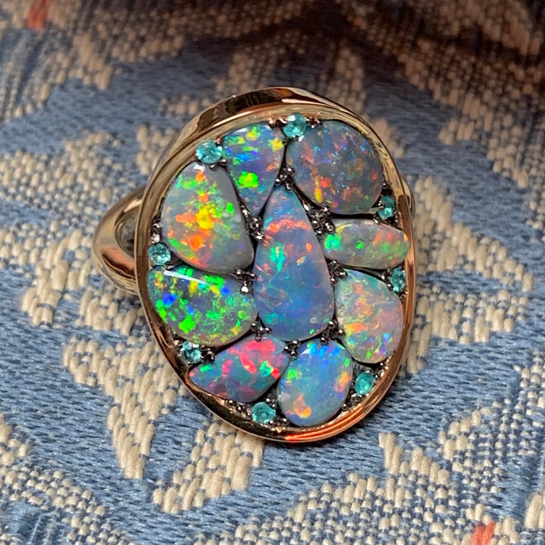 Black Lightning Ridge Opal, Paraïba Tourmaline Pave Ring 4