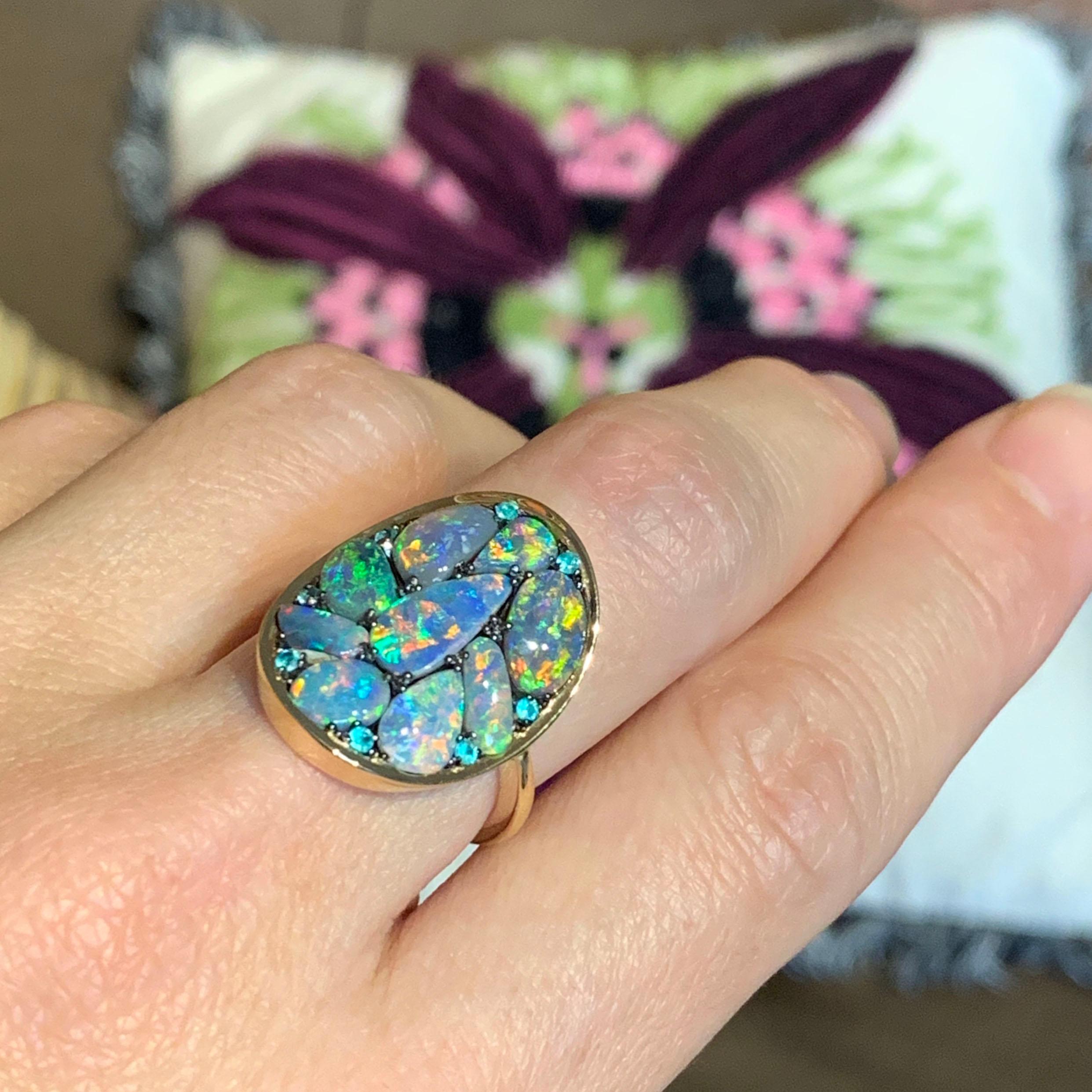 Black Lightning Ridge Opal, Paraïba Tourmaline Pave Ring 6