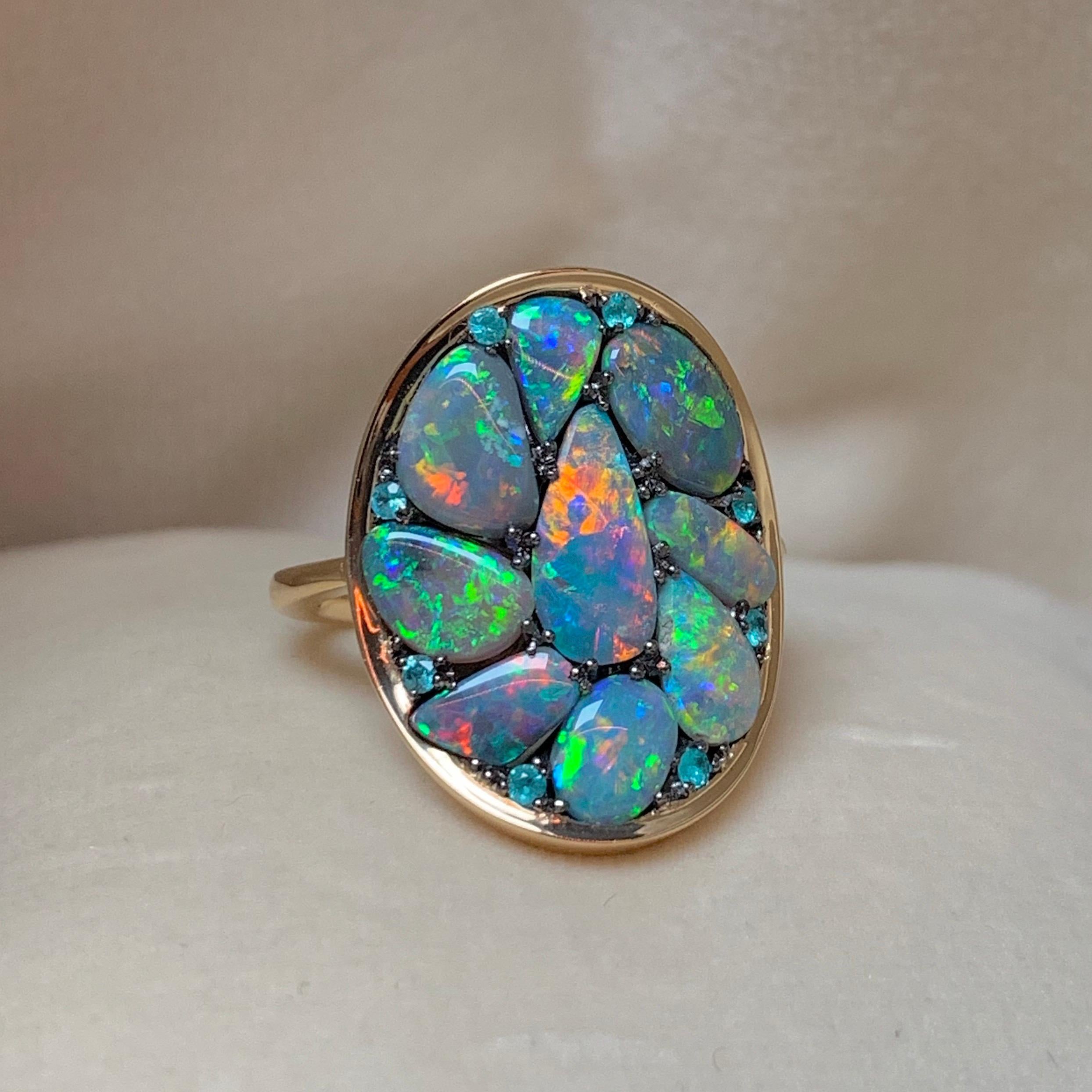 Oval Cut Black Lightning Ridge Opal, Paraïba Tourmaline Pave Ring