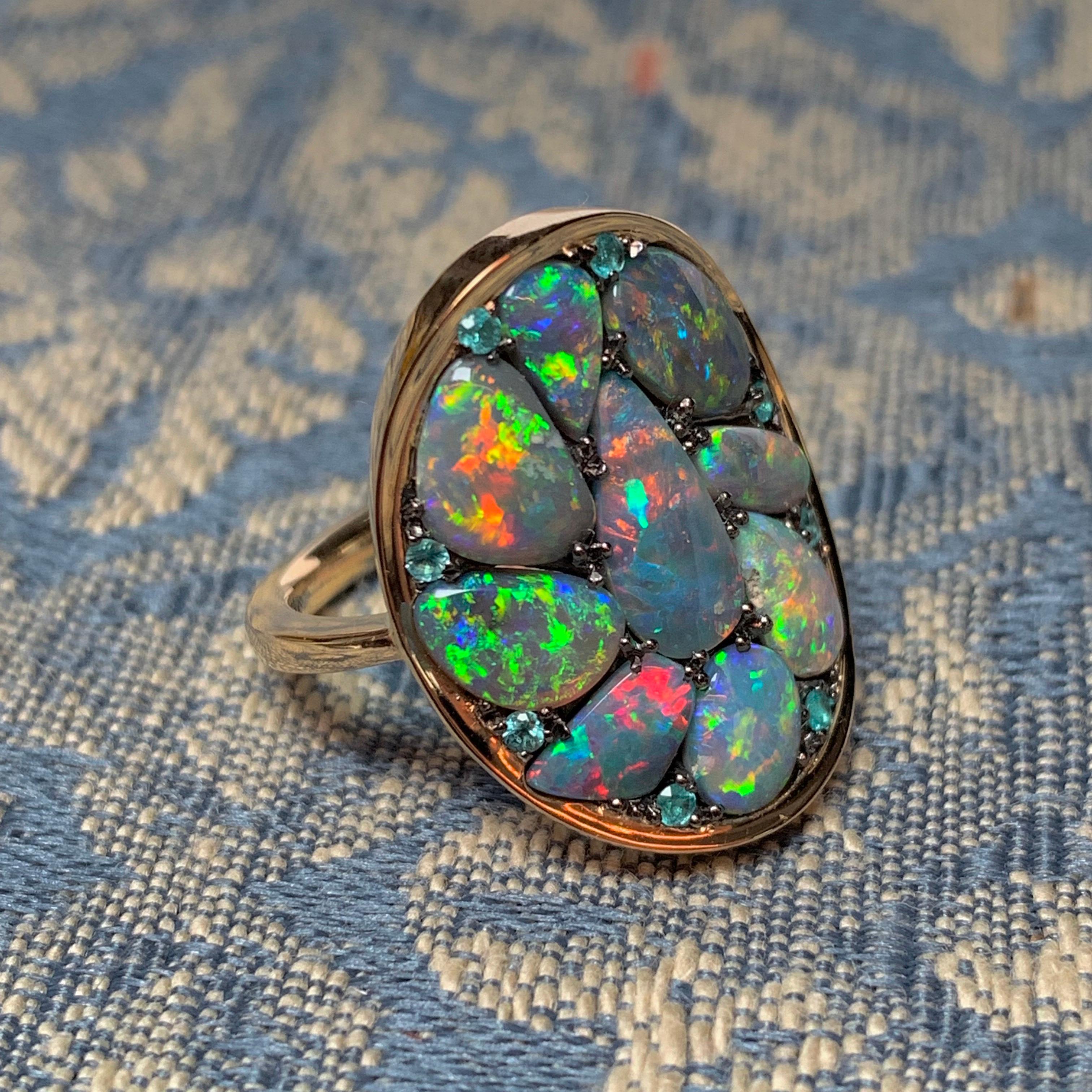 Black Lightning Ridge Opal, Paraïba Tourmaline Pave Ring In New Condition In Antwerp, BE