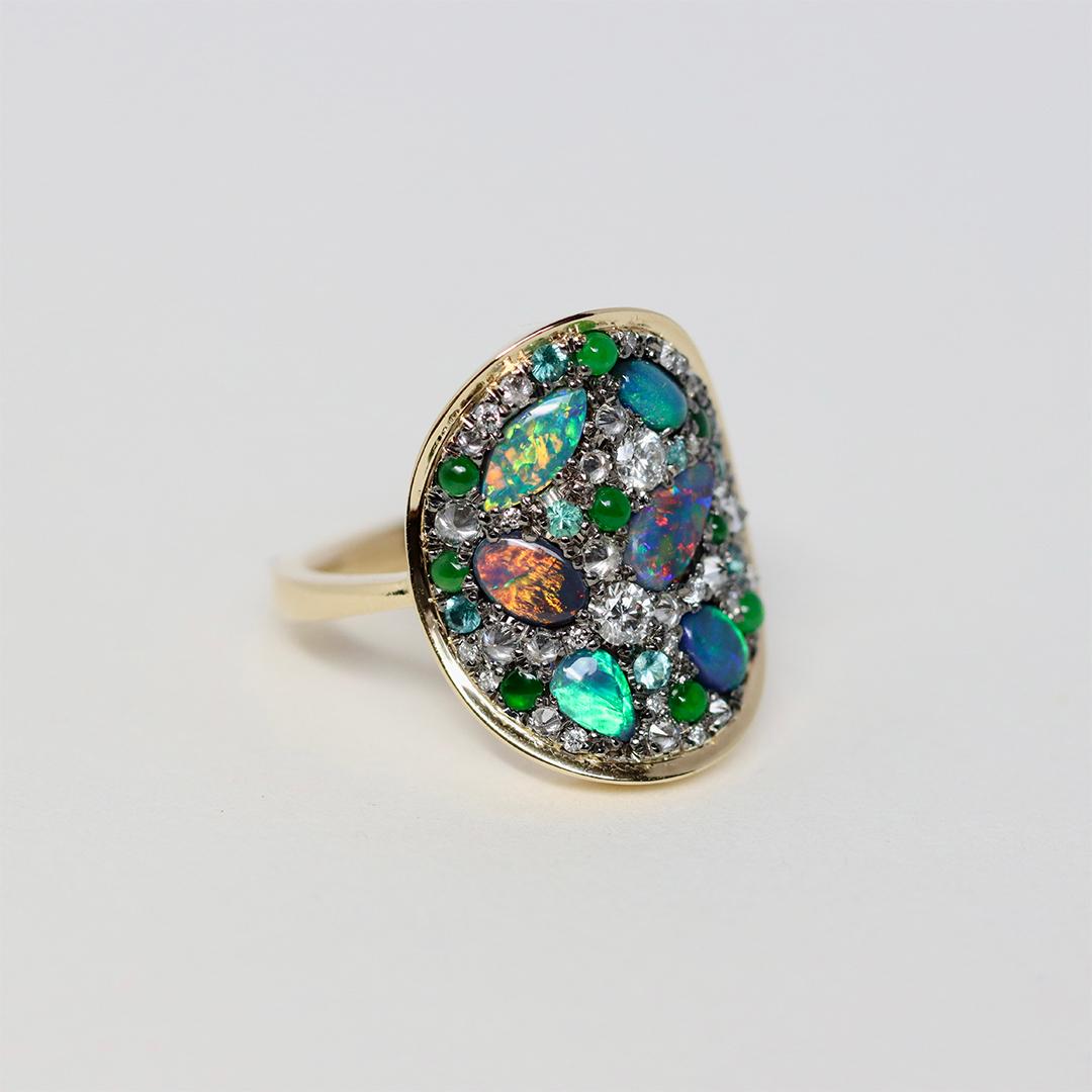 Joke Quick Black Opal + Jadeite + Paraiba Tourmaline + Diamond Pavé Mosaic Ring For Sale 4