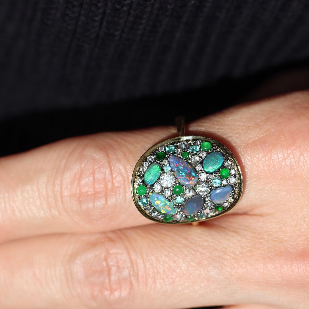 Joke Quick Black Opal + Jadeite + Paraiba Tourmaline + Diamond Pavé Mosaic Ring For Sale 5