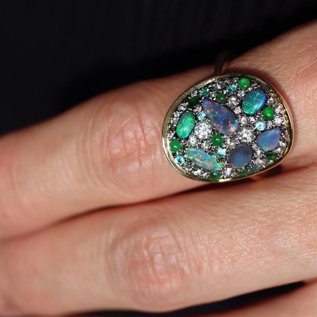 Joke Quick Black Opal + Jadeite + Paraiba Tourmaline + Diamond Pavé Mosaic Ring For Sale 7