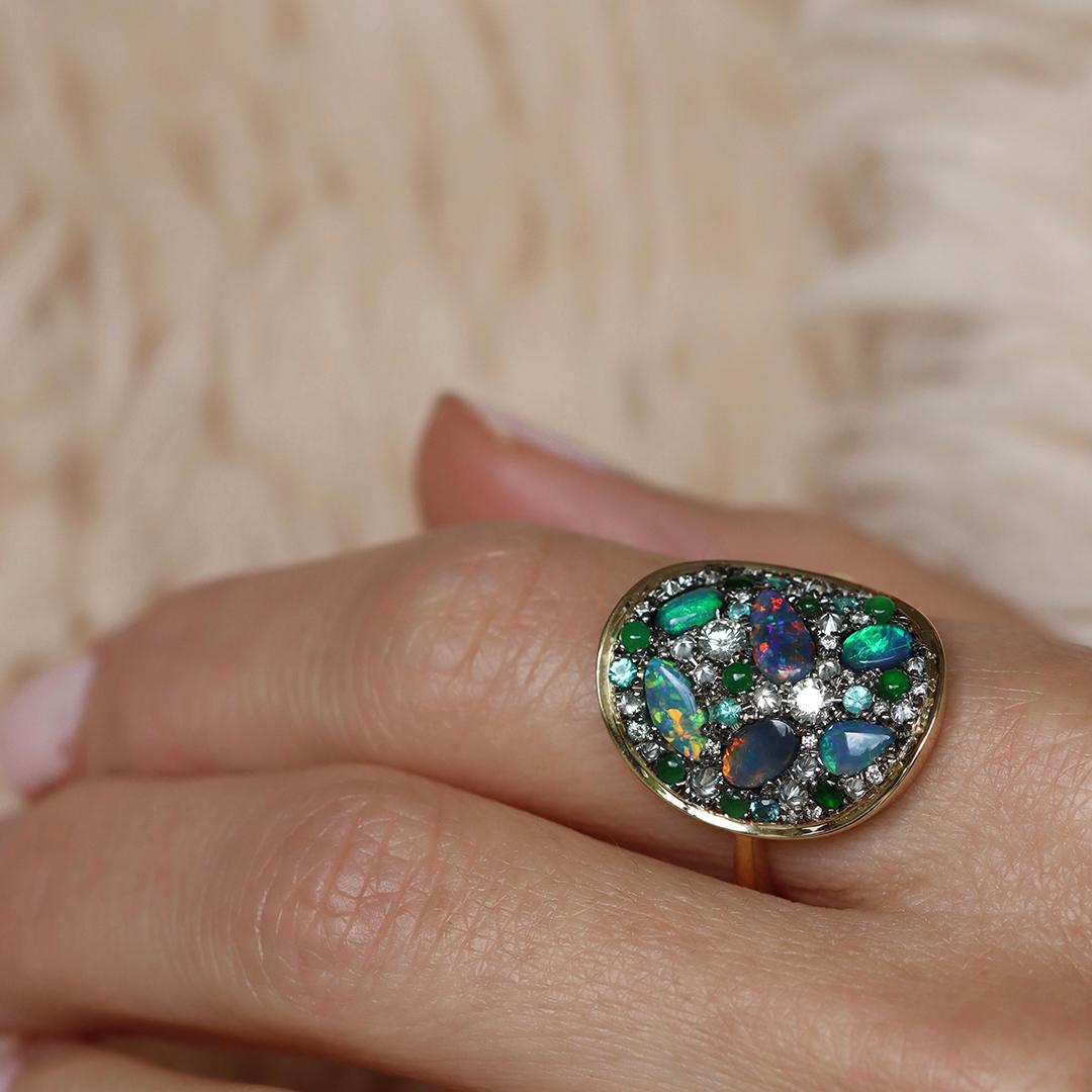 Joke Quick Black Opal + Jadeite + Paraiba Tourmaline + Diamond Pavé Mosaic Ring For Sale 8