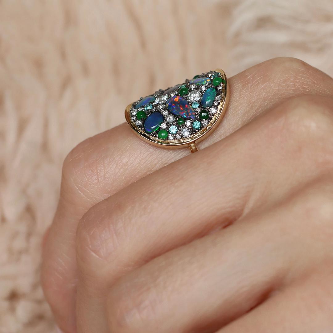 Joke Quick Black Opal + Jadeite + Paraiba Tourmaline + Diamond Pavé Mosaic Ring For Sale 9