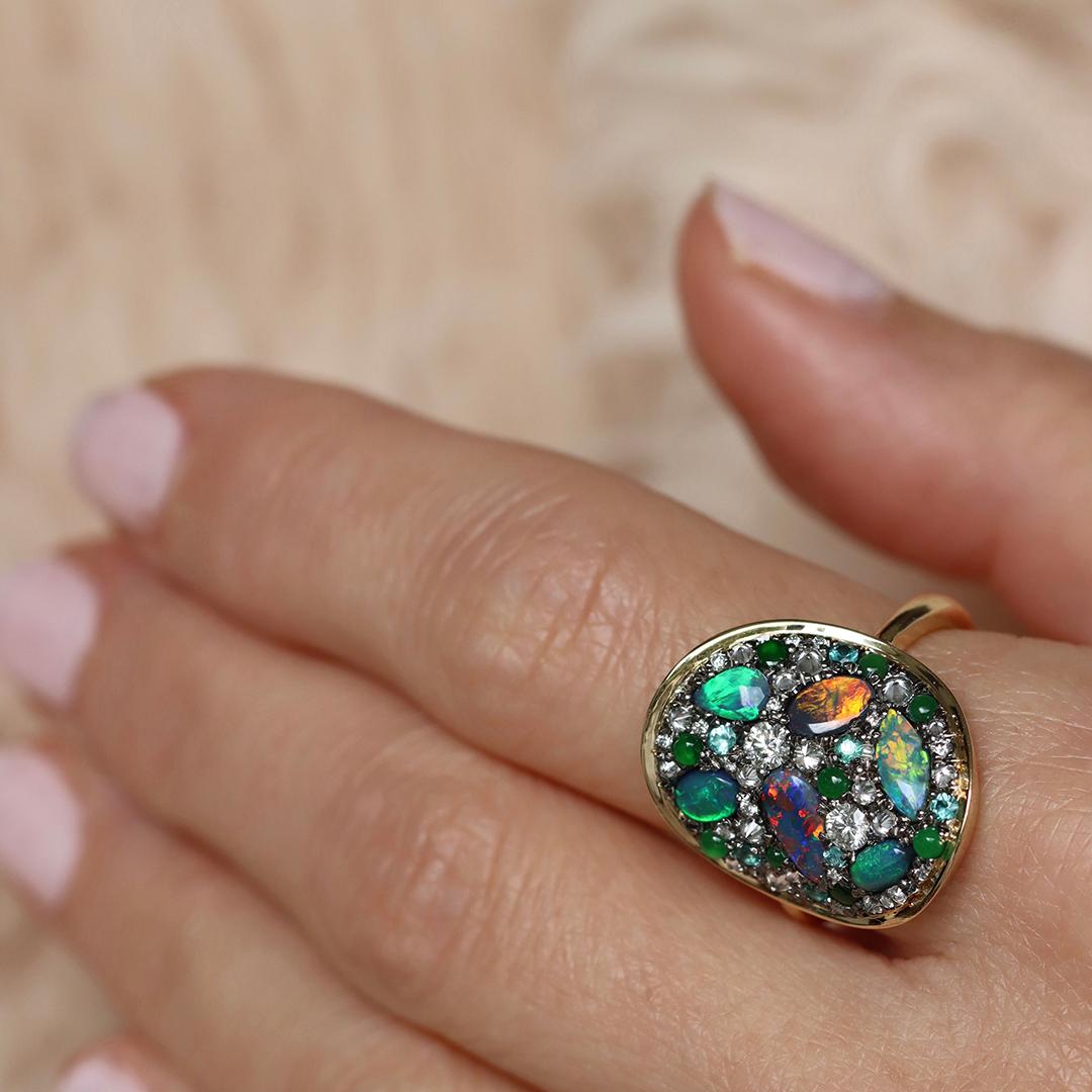 Joke Quick Black Opal + Jadeite + Paraiba Tourmaline + Diamond Pavé Mosaic Ring For Sale 10