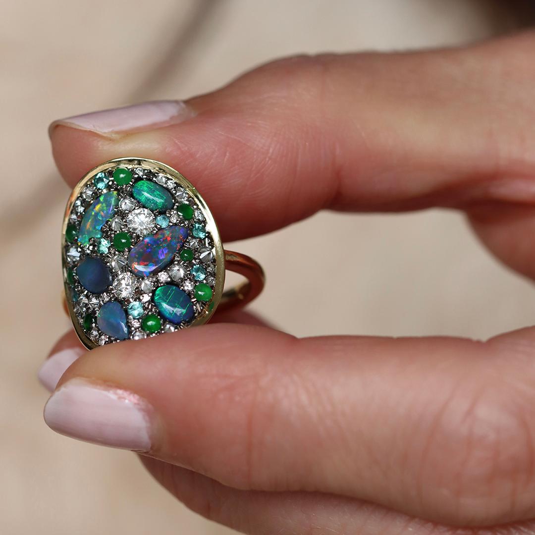 Joke Quick Black Opal + Jadeite + Paraiba Tourmaline + Diamond Pavé Mosaic Ring For Sale 11