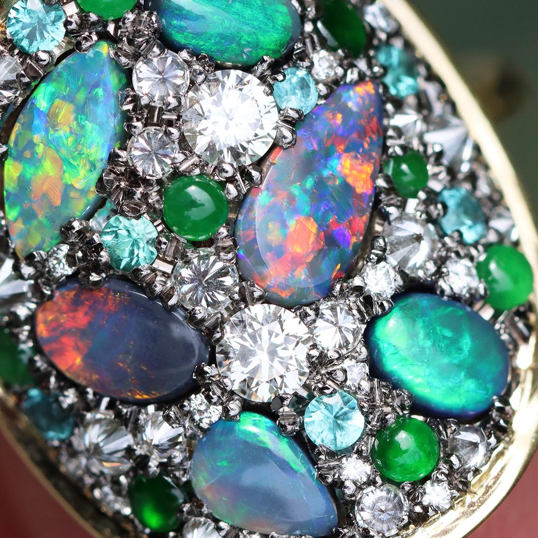 Joke Quick Black Opal + Jadeite + Paraiba Tourmaline + Diamond Pavé Mosaic Ring For Sale 13
