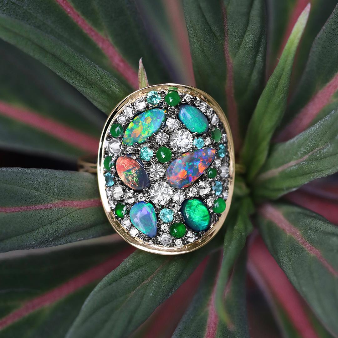 Joke Quick Black Opal + Jadeite + Paraiba Tourmaline + Diamond Pavé Mosaic Ring For Sale 14