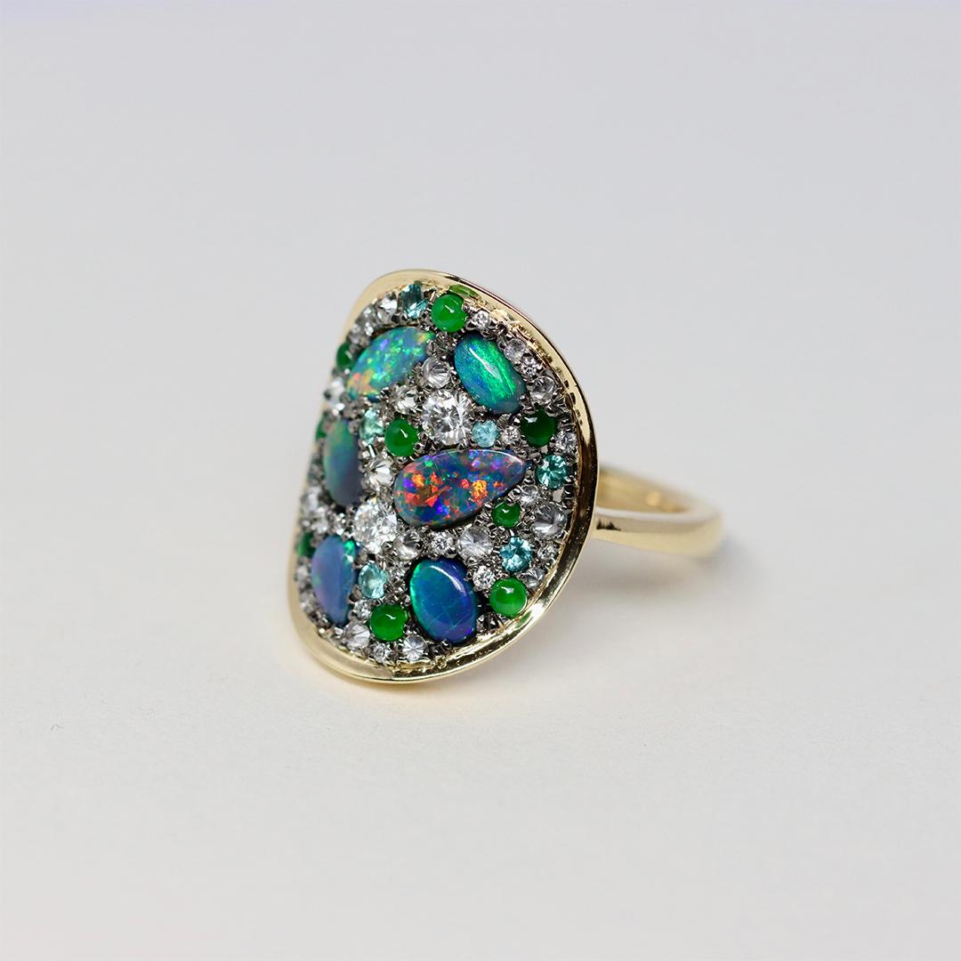 Contemporary Joke Quick Black Opal + Jadeite + Paraiba Tourmaline + Diamond Pavé Mosaic Ring For Sale